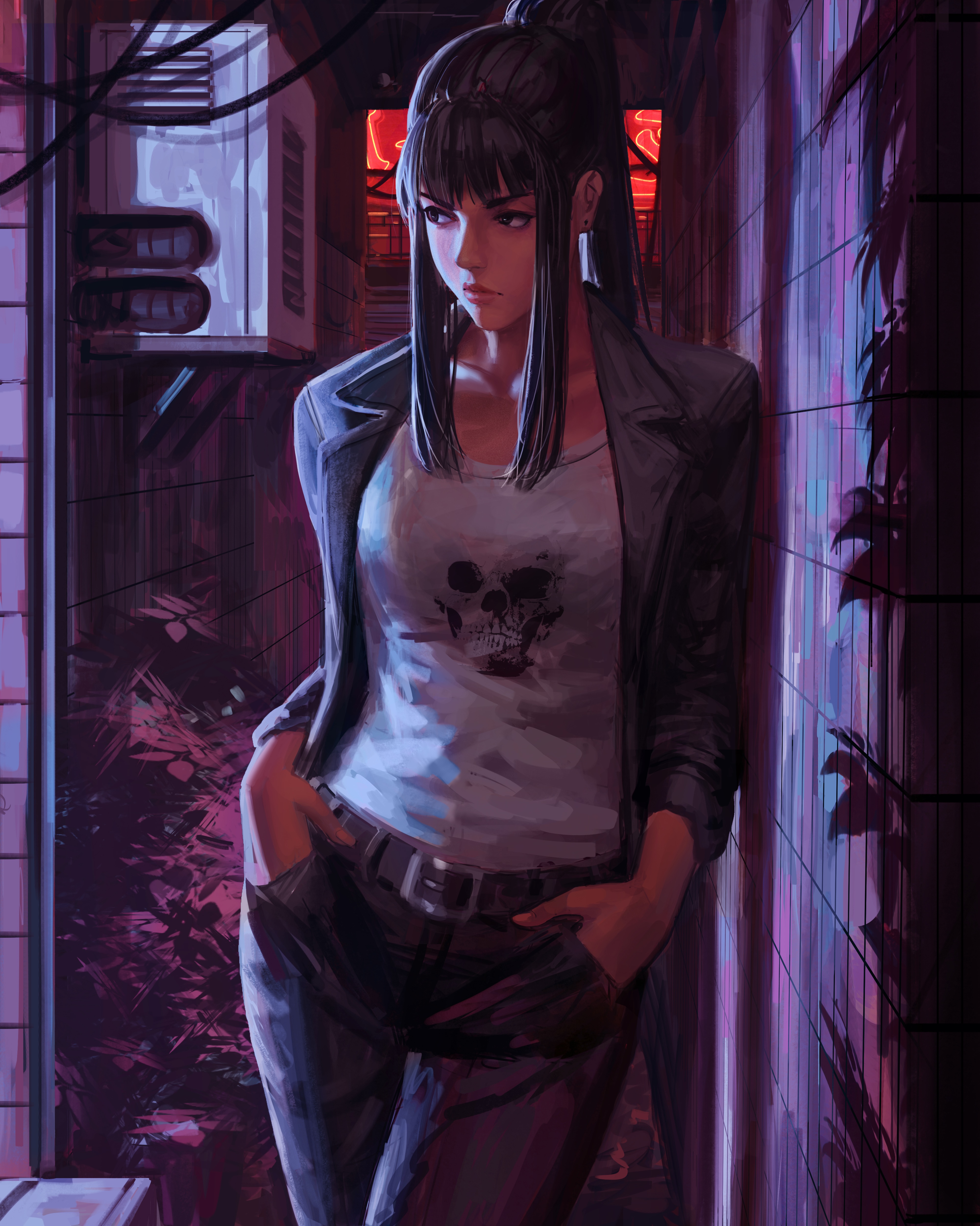 4K concept art of a woman in a hallway HD Phone Wallpaper