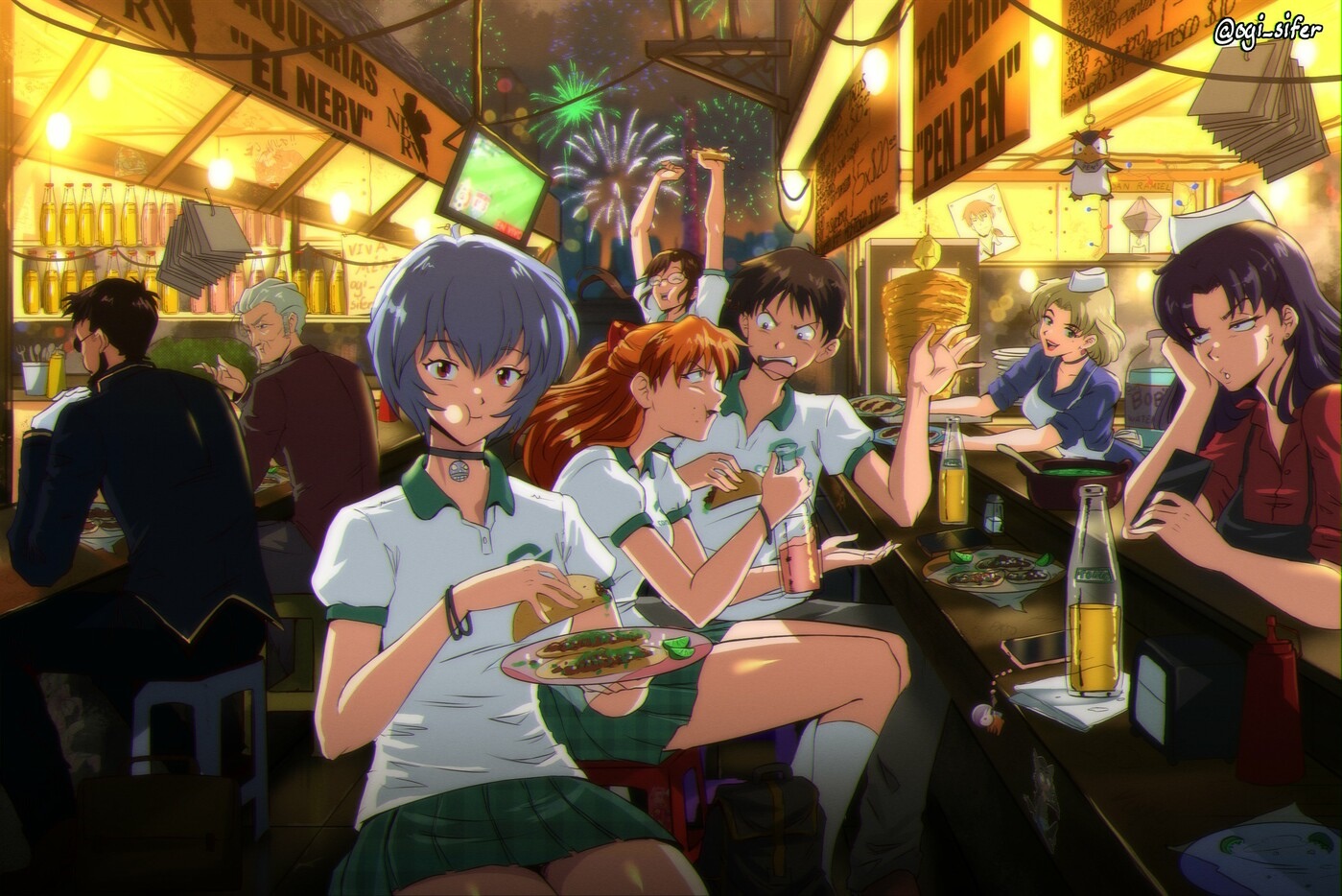 Neon Genesis Evangelion characters eating tacos at a street stall HD Wallpaper