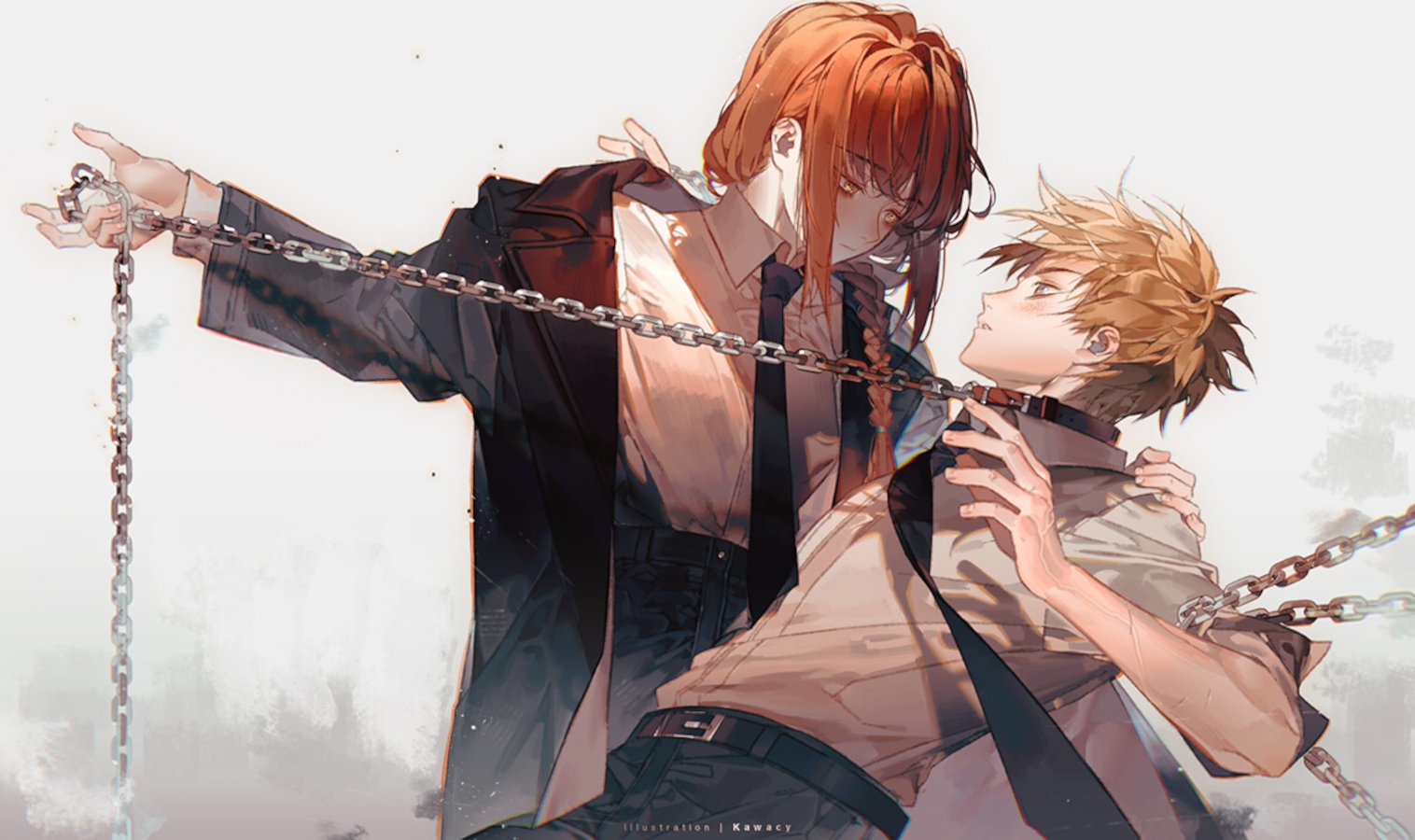 Makima and Denji with chains from Chainsaw Man HD Wallpaper