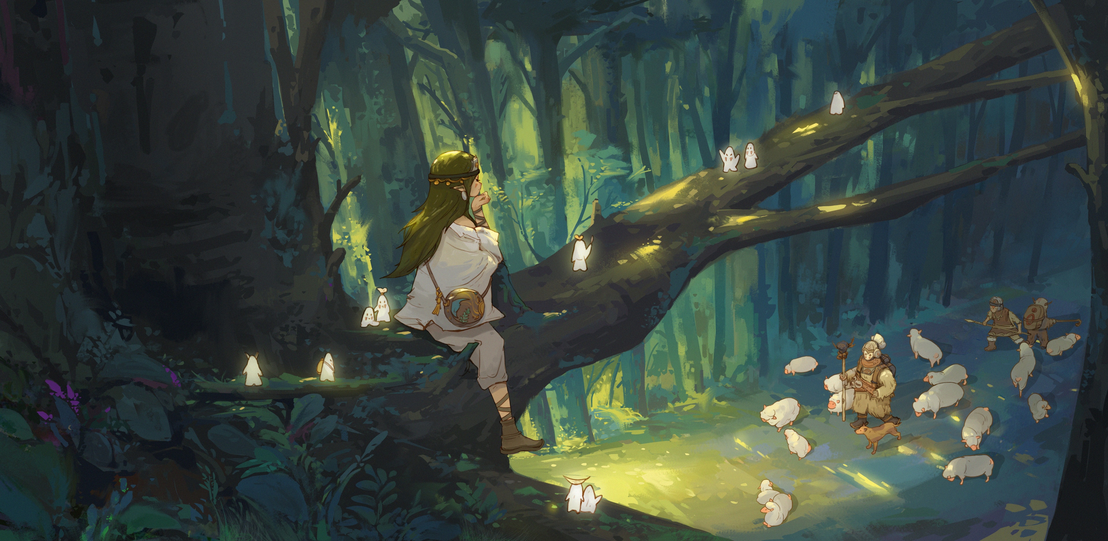 4K Fantasy Forest with Sheep and Spirits HD Wallpaper