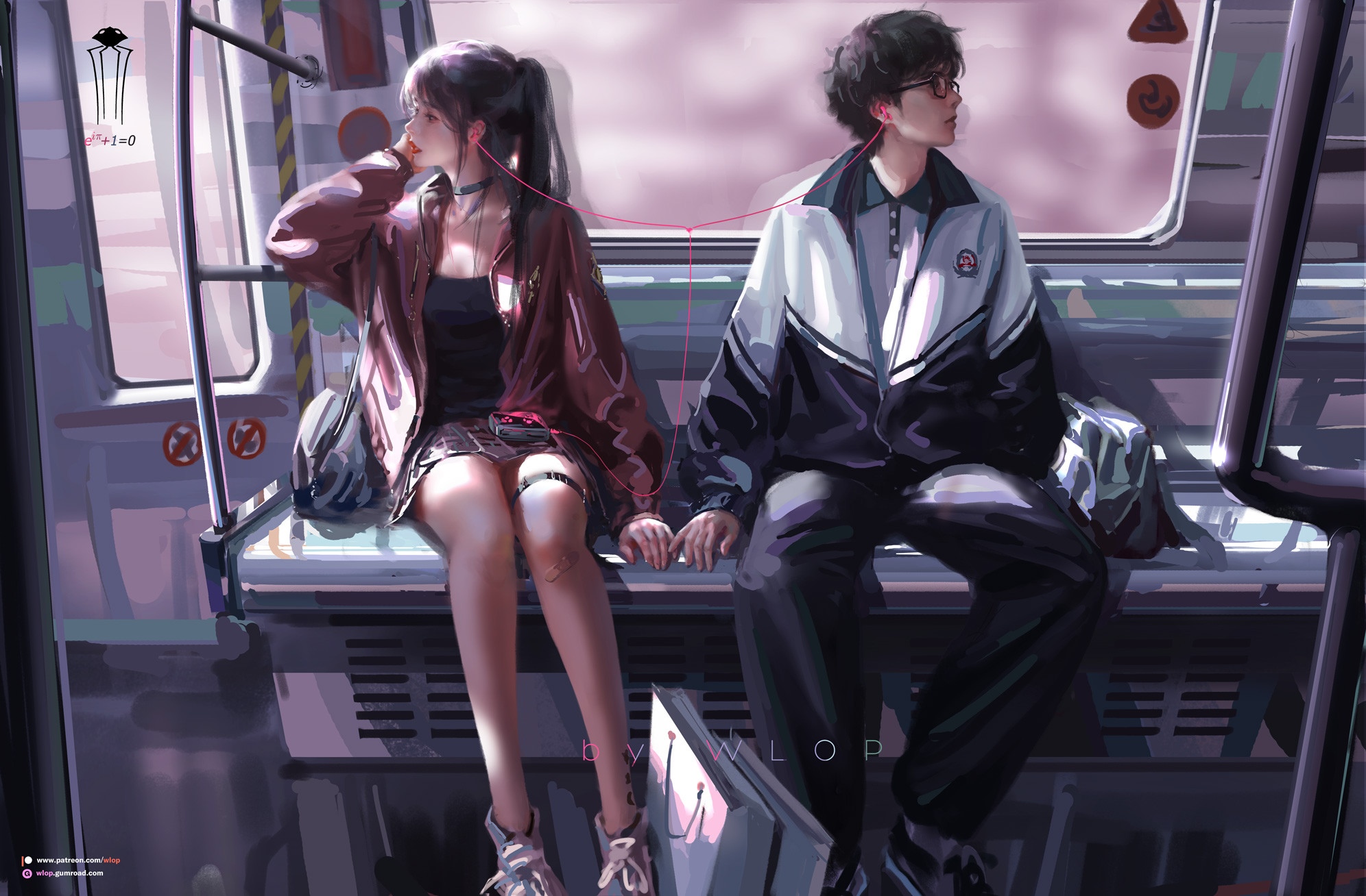 Couple sharing earphones on a train HD Wallpaper