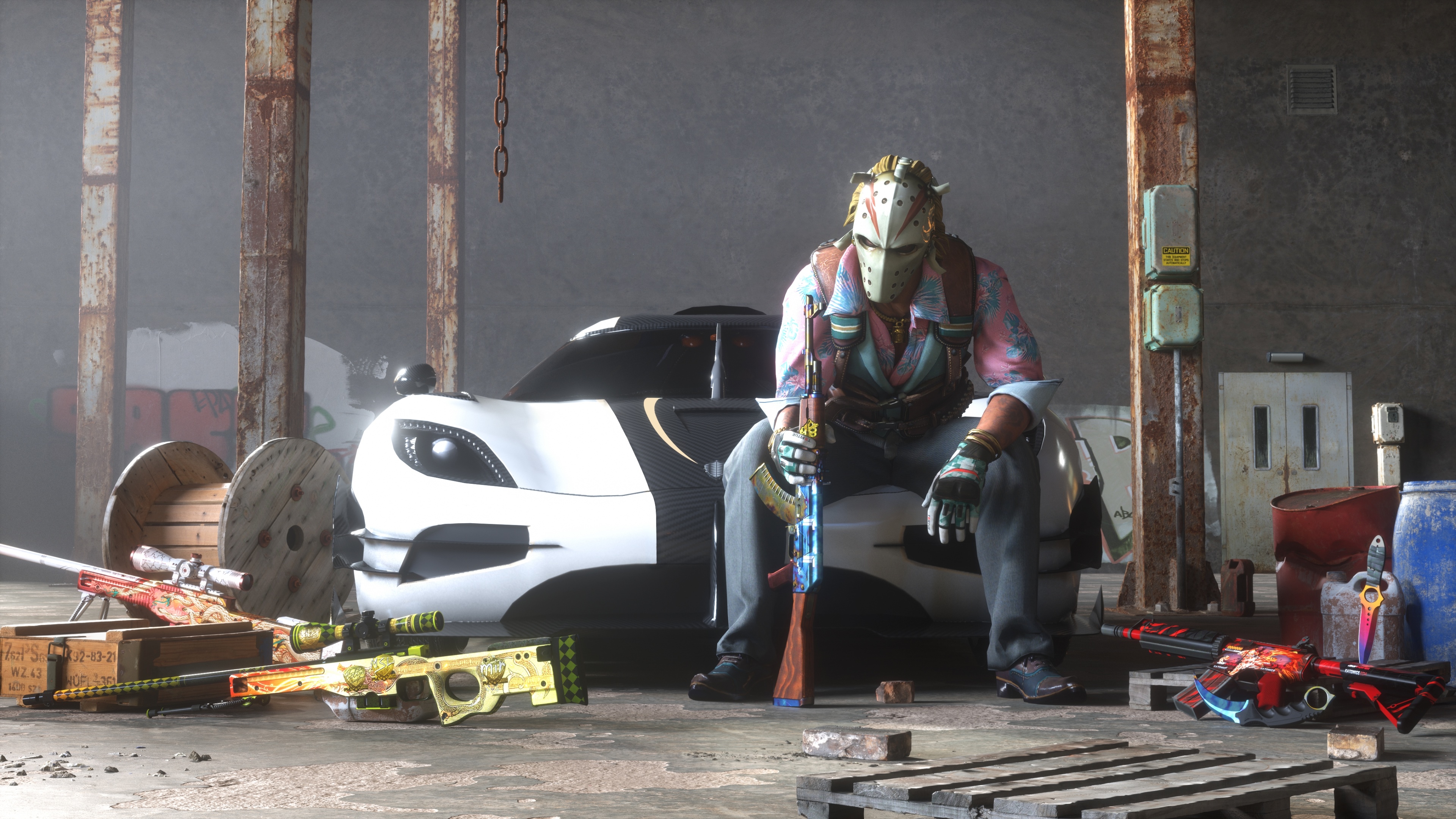 Counter-Strike: Global Offensive character with weapons and car HD Wallpaper