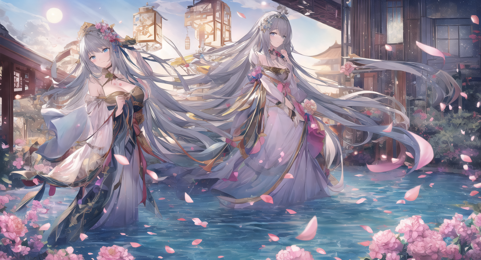 Two anime girls in traditional Chinese dresses in water with flowers HD Wallpaper