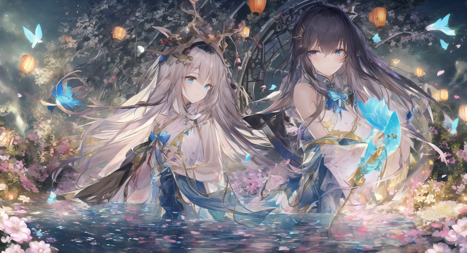 Two anime girls in traditional Chinese dresses in water with flowers HD Wallpaper
