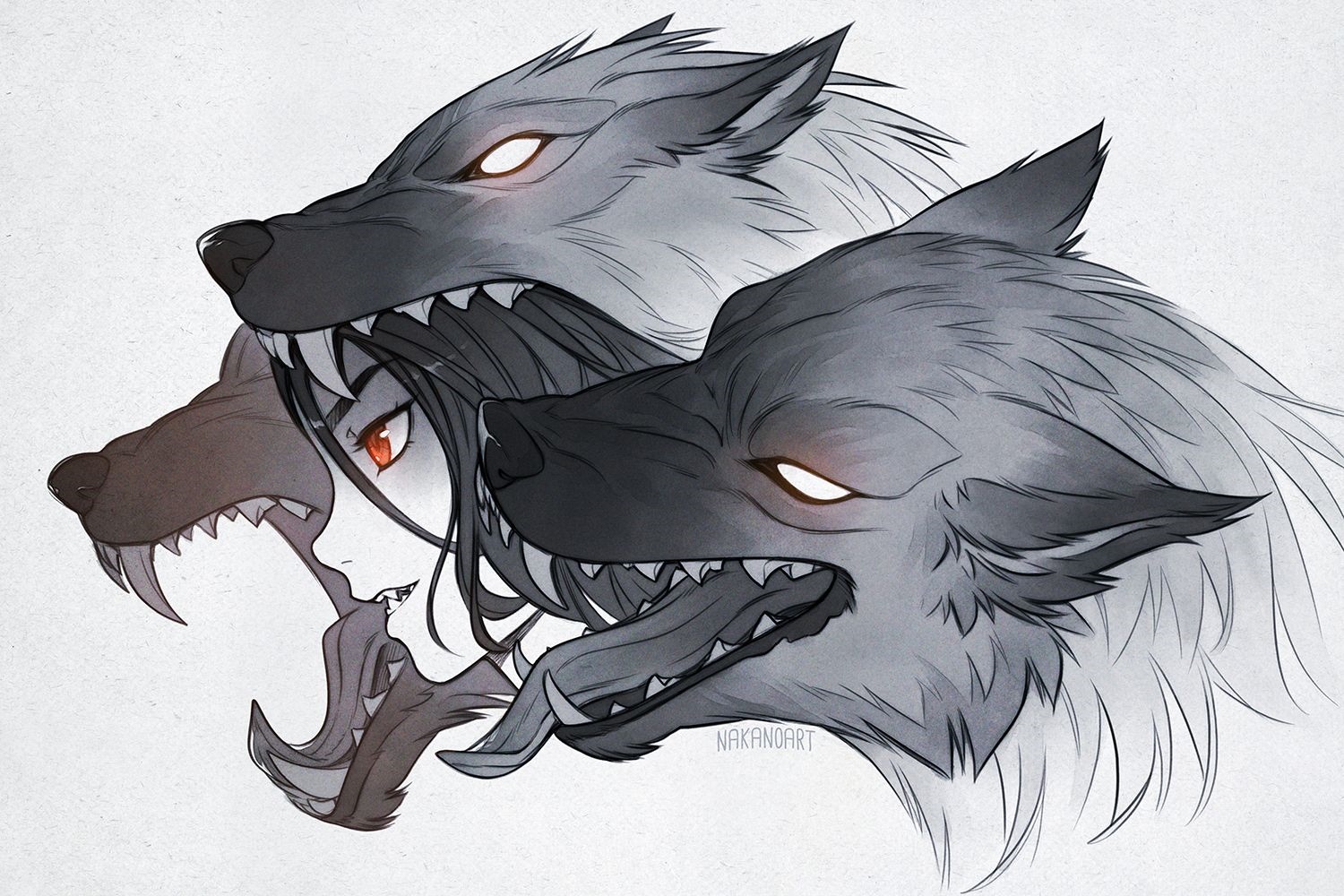 Girl with three wolf heads emerging from her HD Wallpaper