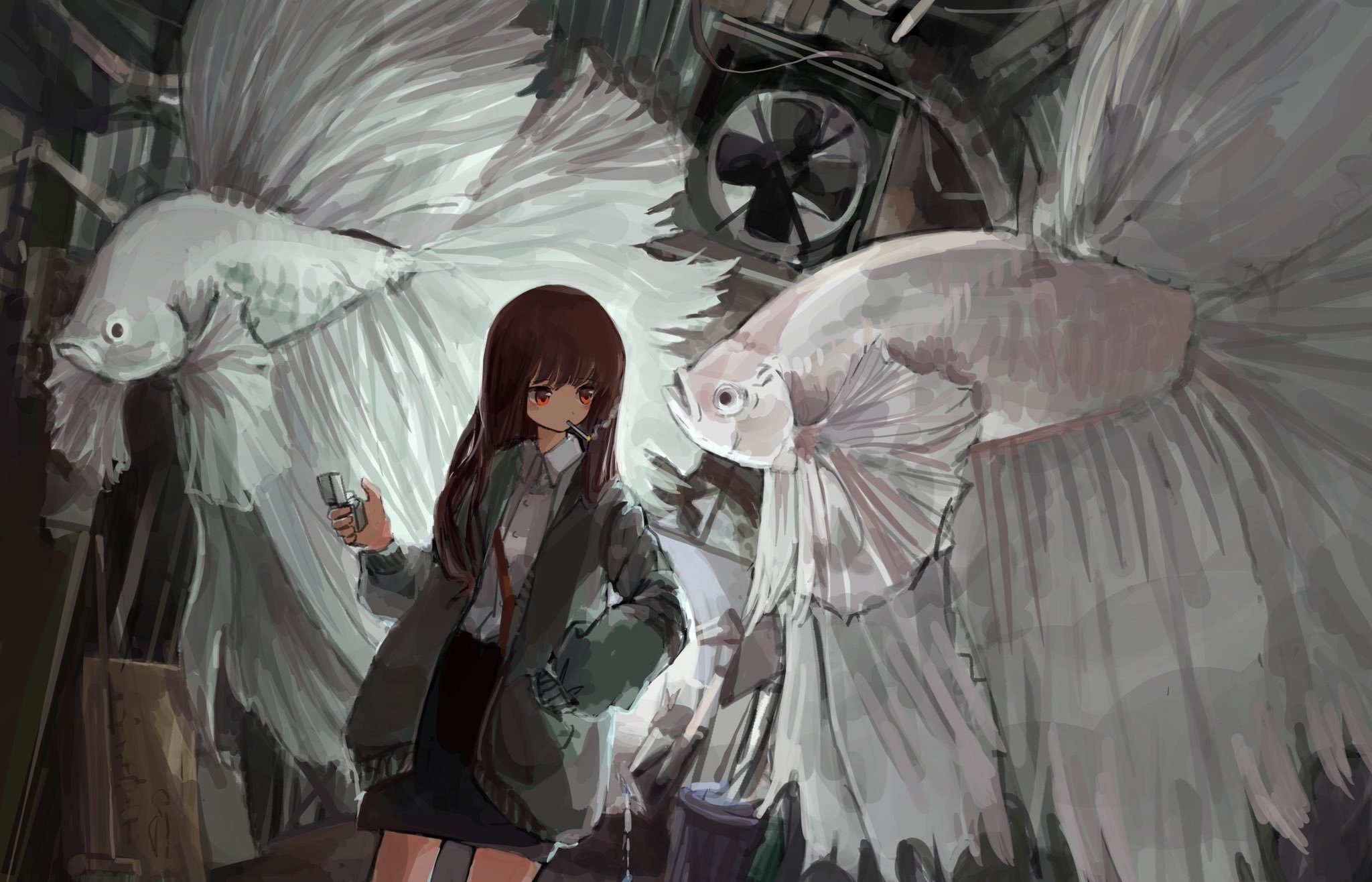 Girl with red eyes smoking near large white fish HD Wallpaper