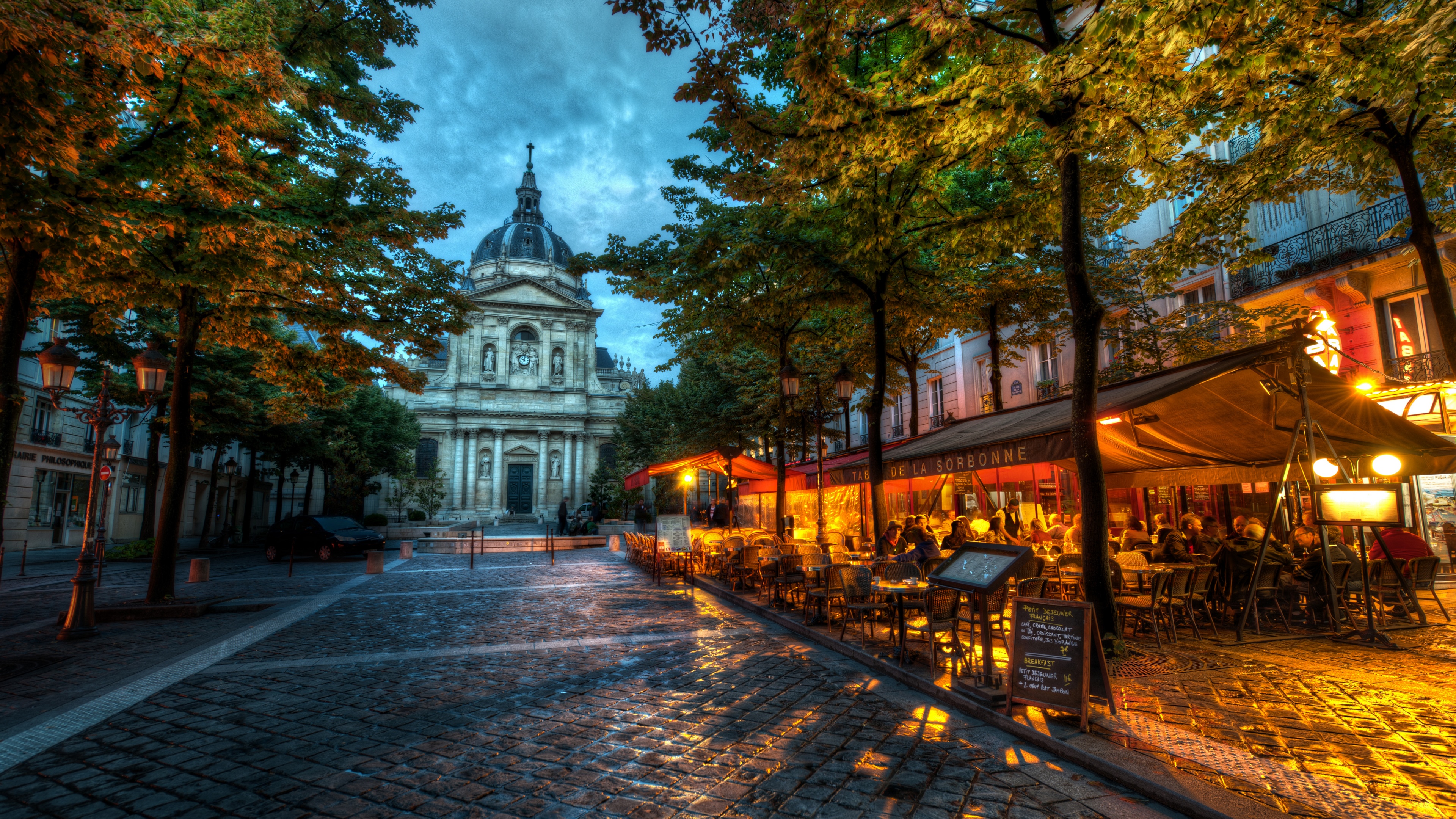 4K Paris street cafe with Sorbonne University HD Wallpaper
