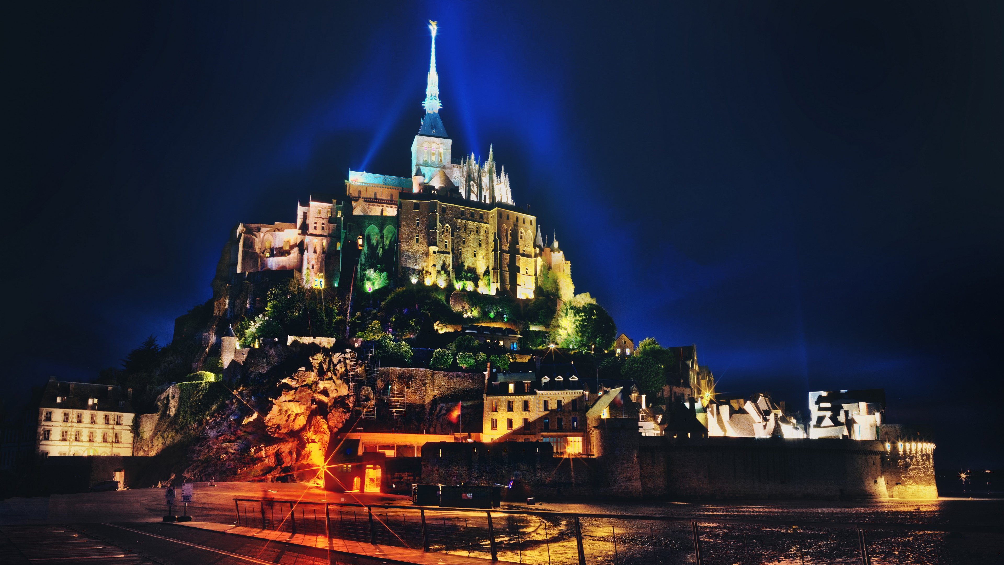 4K Mont Saint-Michel at Night with Blue Lights HD Wallpaper