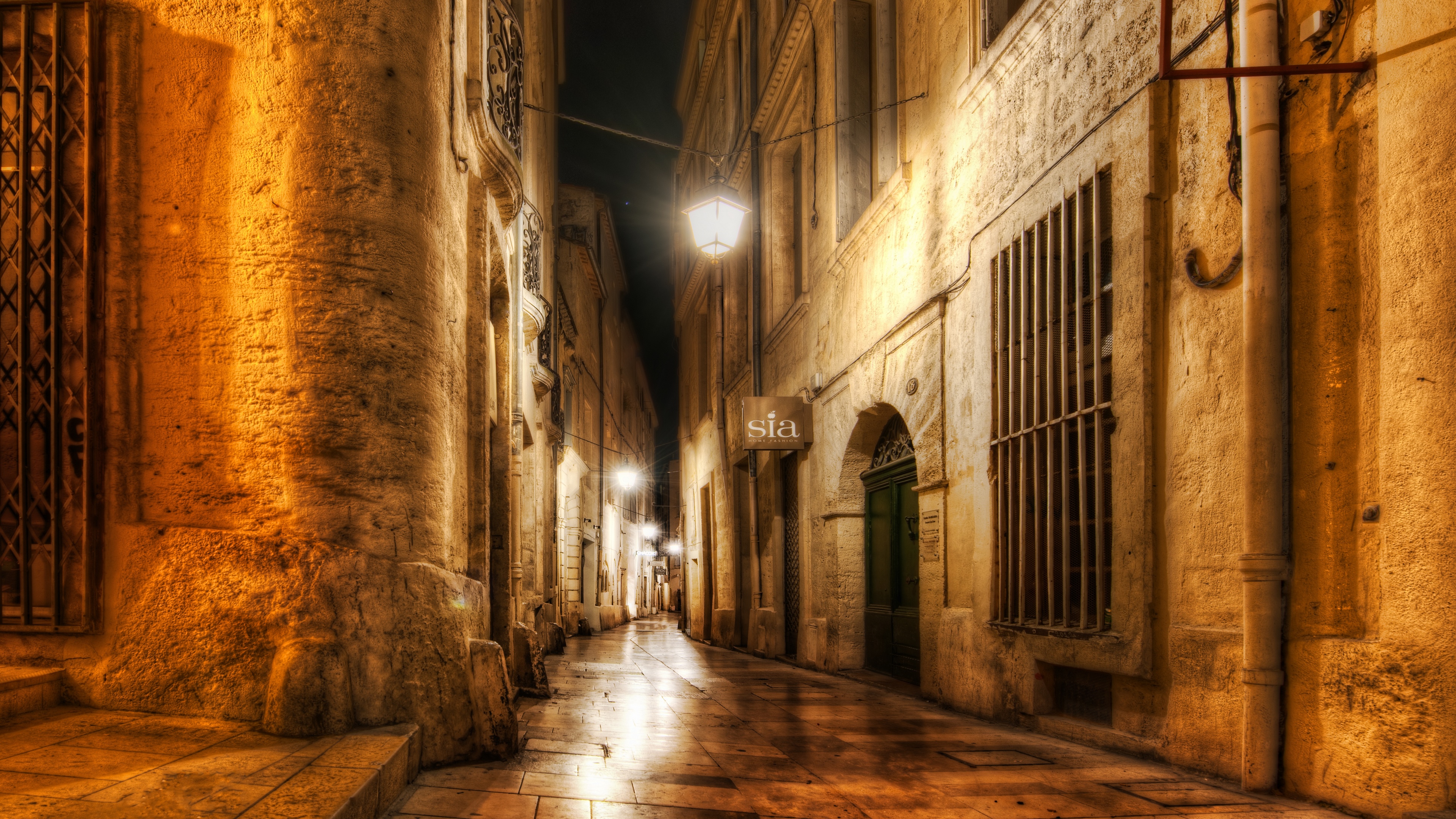 4K France alleyway at night with street lights HD Wallpaper