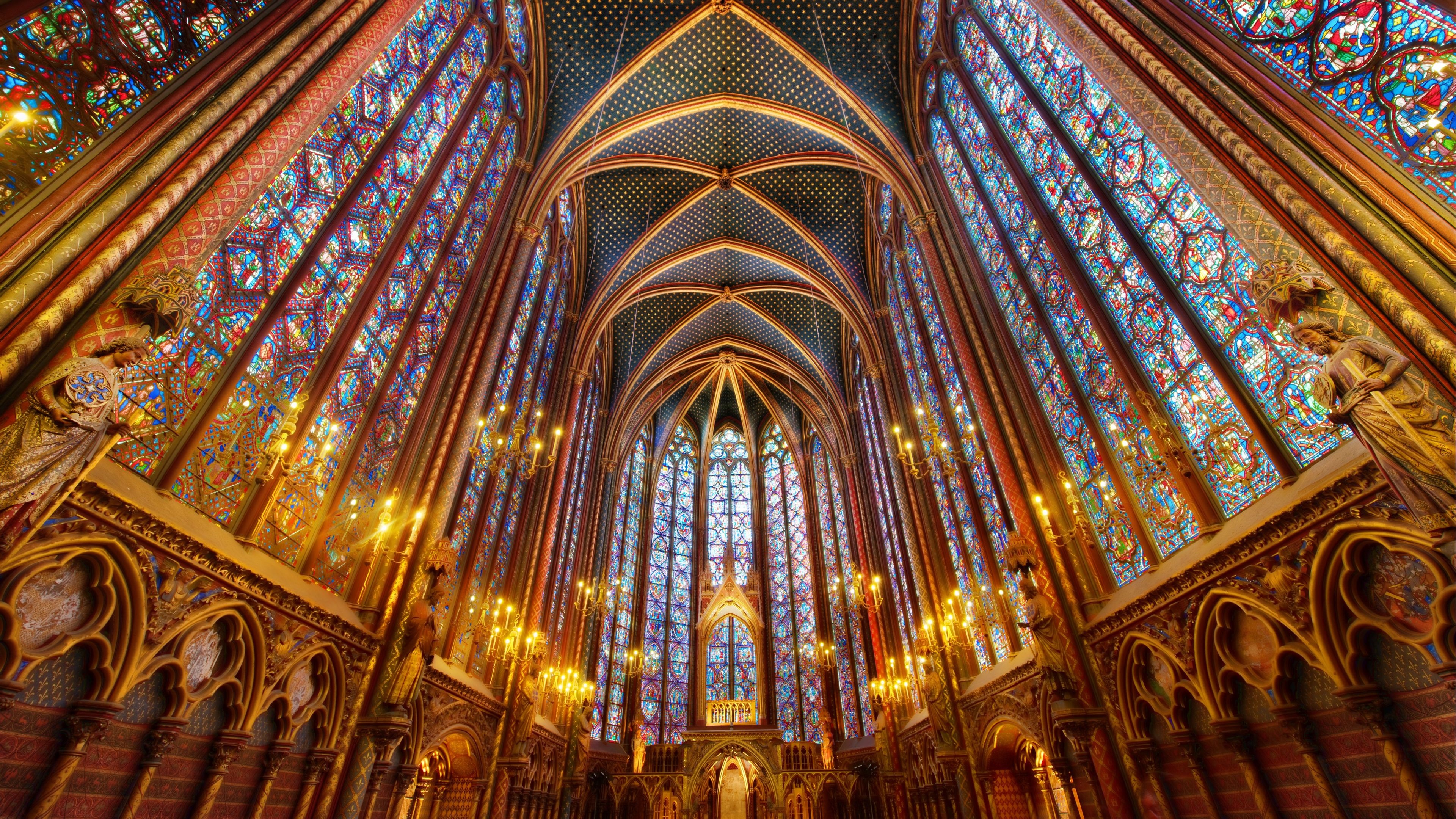 Interior of Sainte-Chapelle with stained glass windows HD Wallpaper