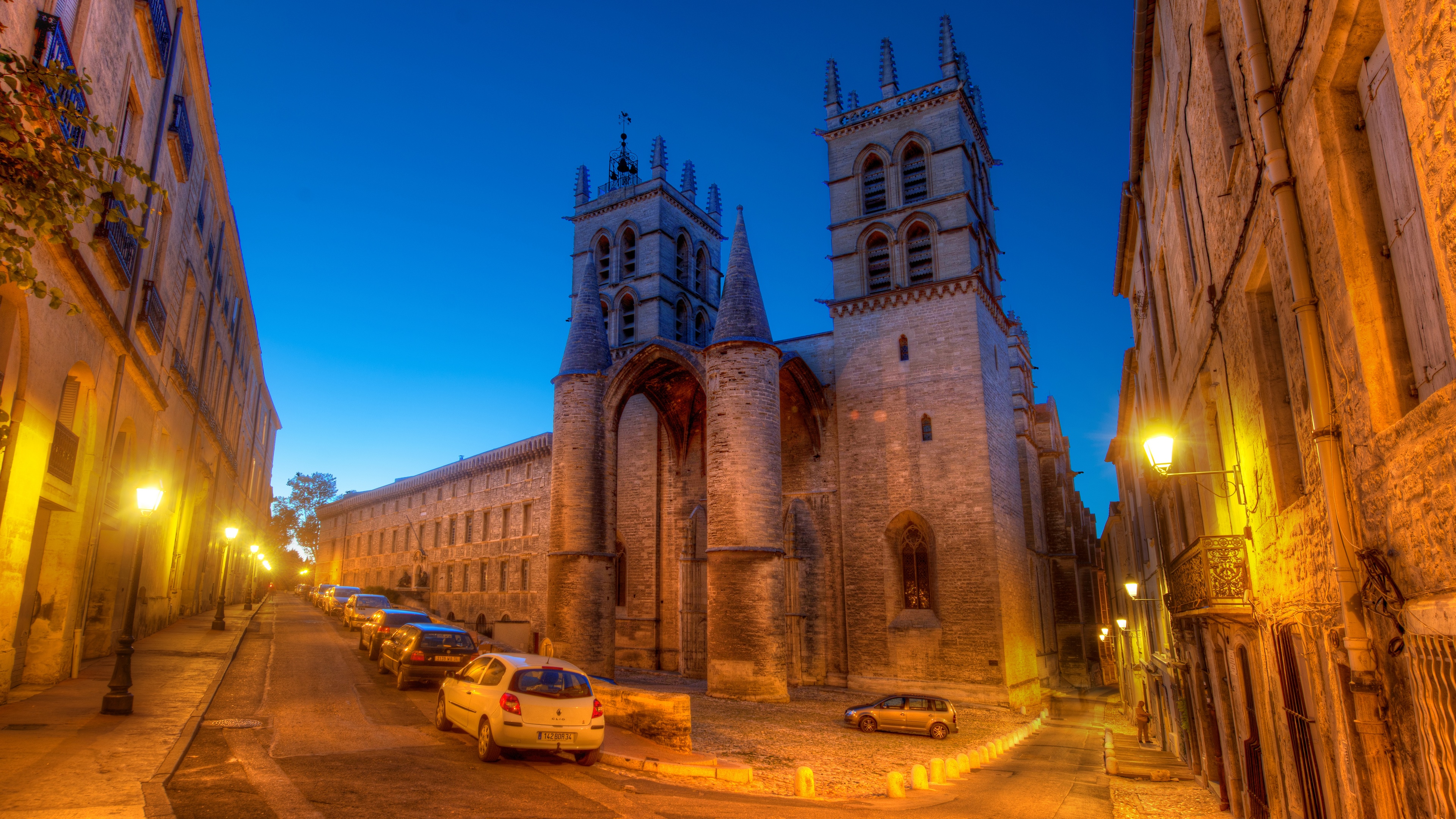 4K Street Scene with Church in France HD Wallpaper