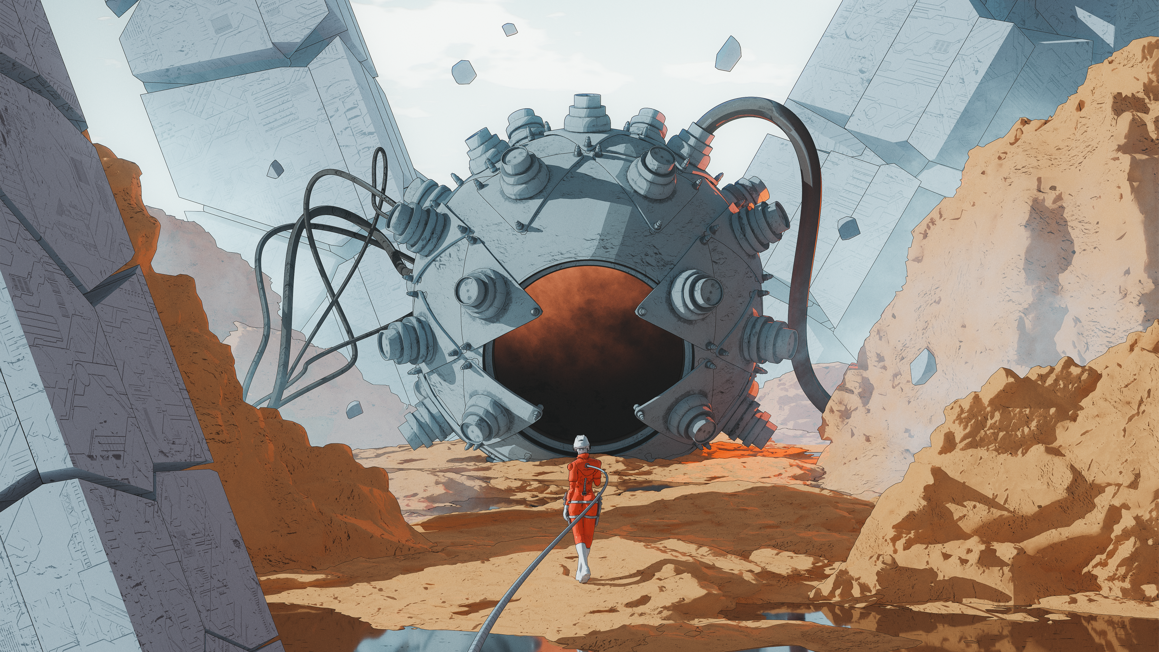 Astronaut in a desert with a large spherical machine HD Wallpaper