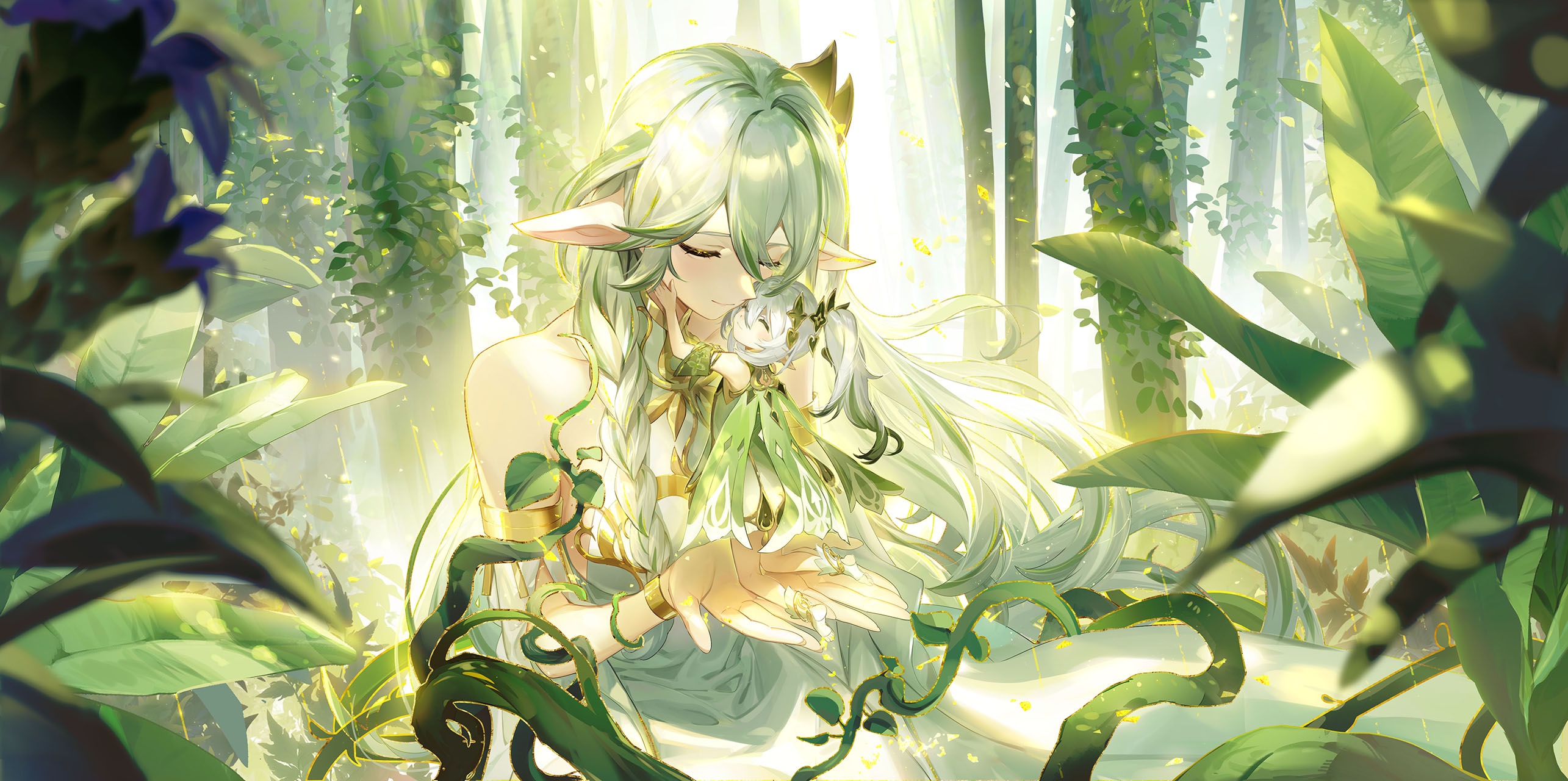 Nahida holding a flower in a forest, Genshin Impact HD Wallpaper