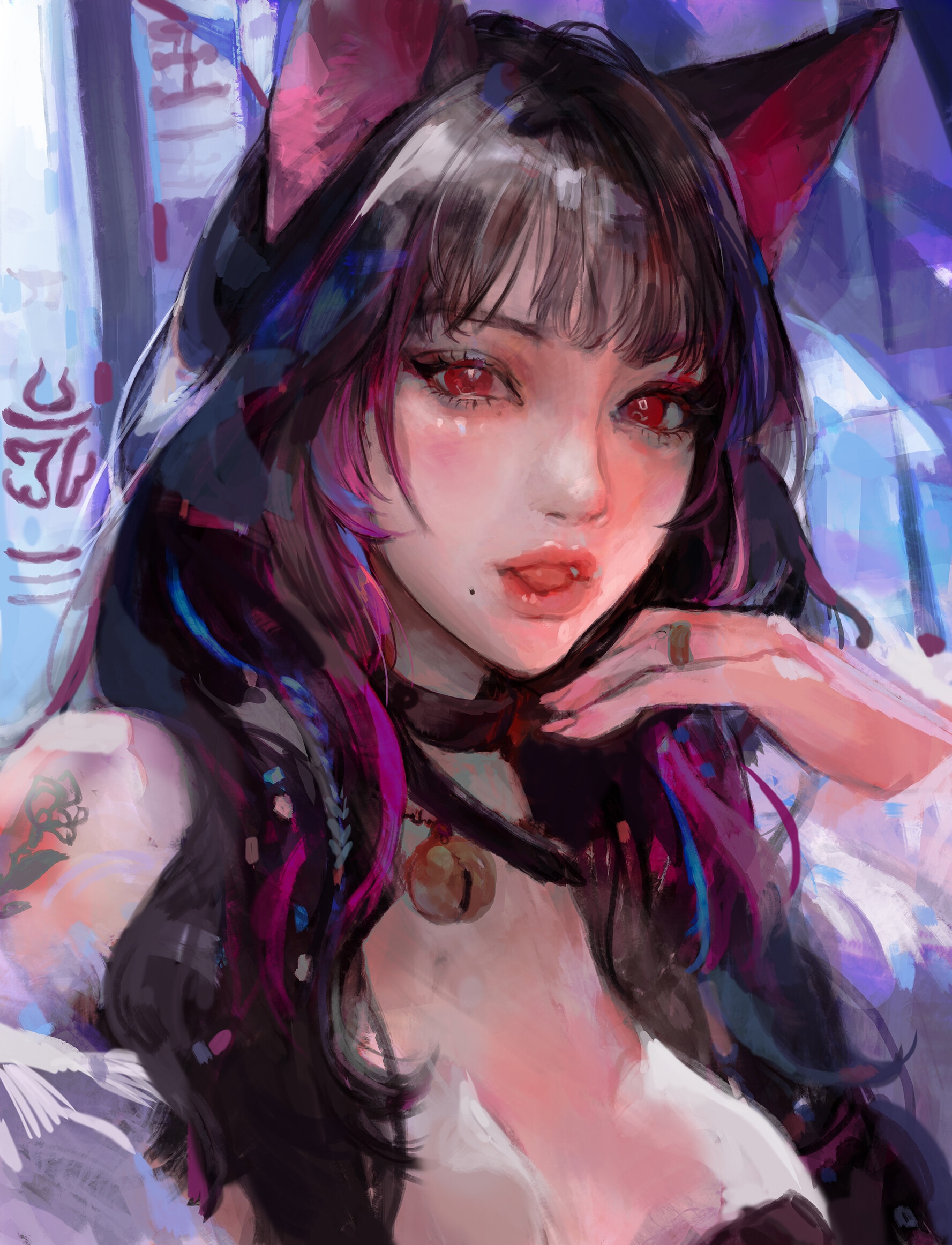 Cat girl with red eyes and dark hair HD Phone Wallpaper