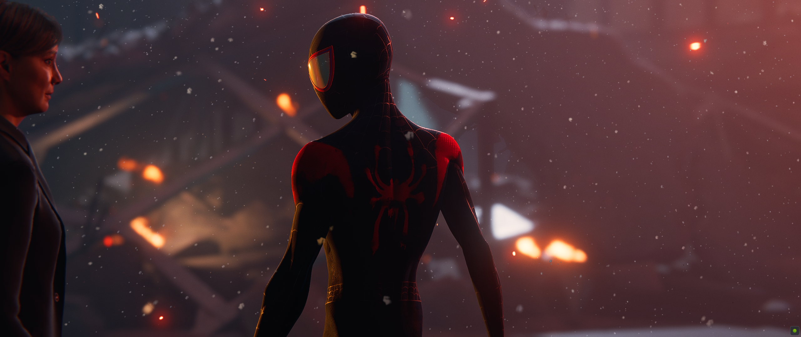Spider-Man and a woman in a destroyed city HD Wallpaper