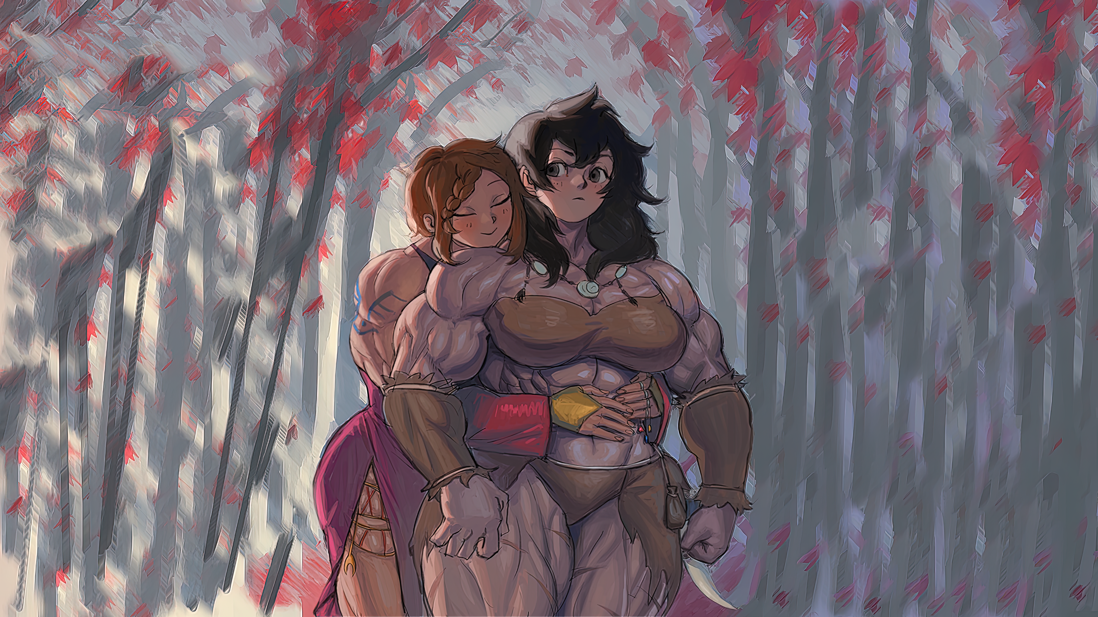 Muscular women hugging in a forest HD Wallpaper