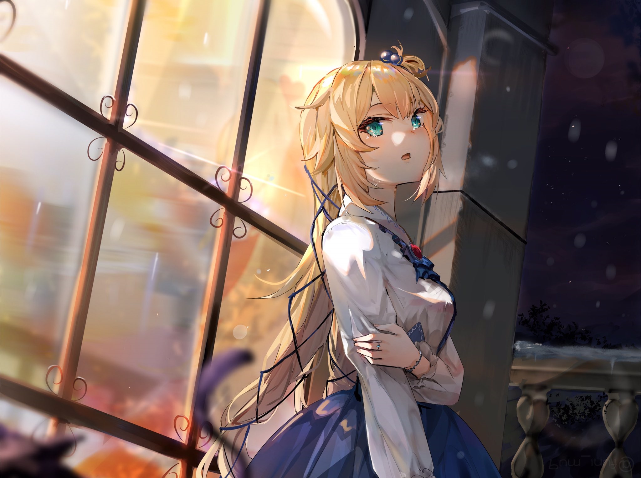 Akai Haato looking out a window with snow falling HD Wallpaper