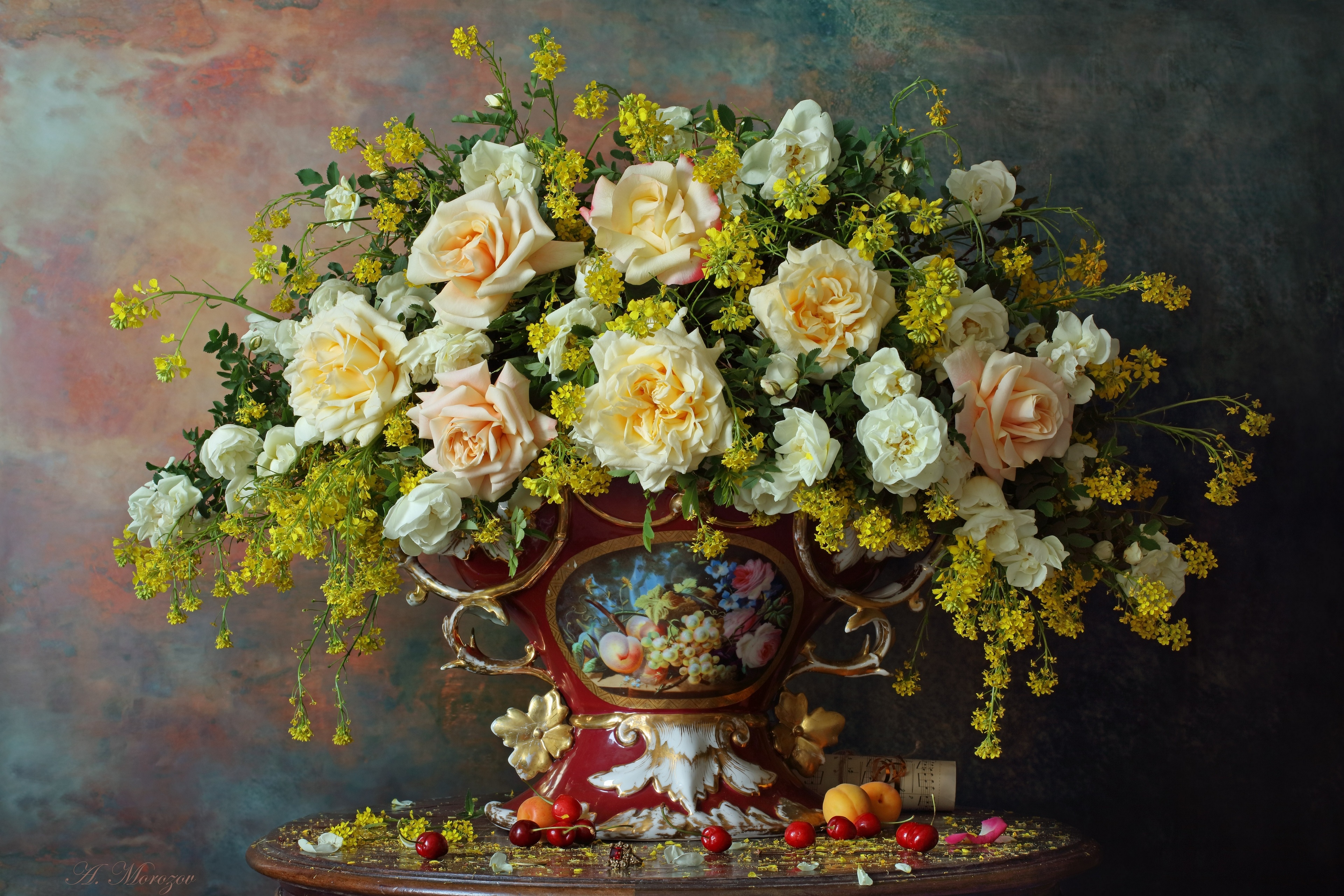 Still life with roses and fruits HD Wallpaper