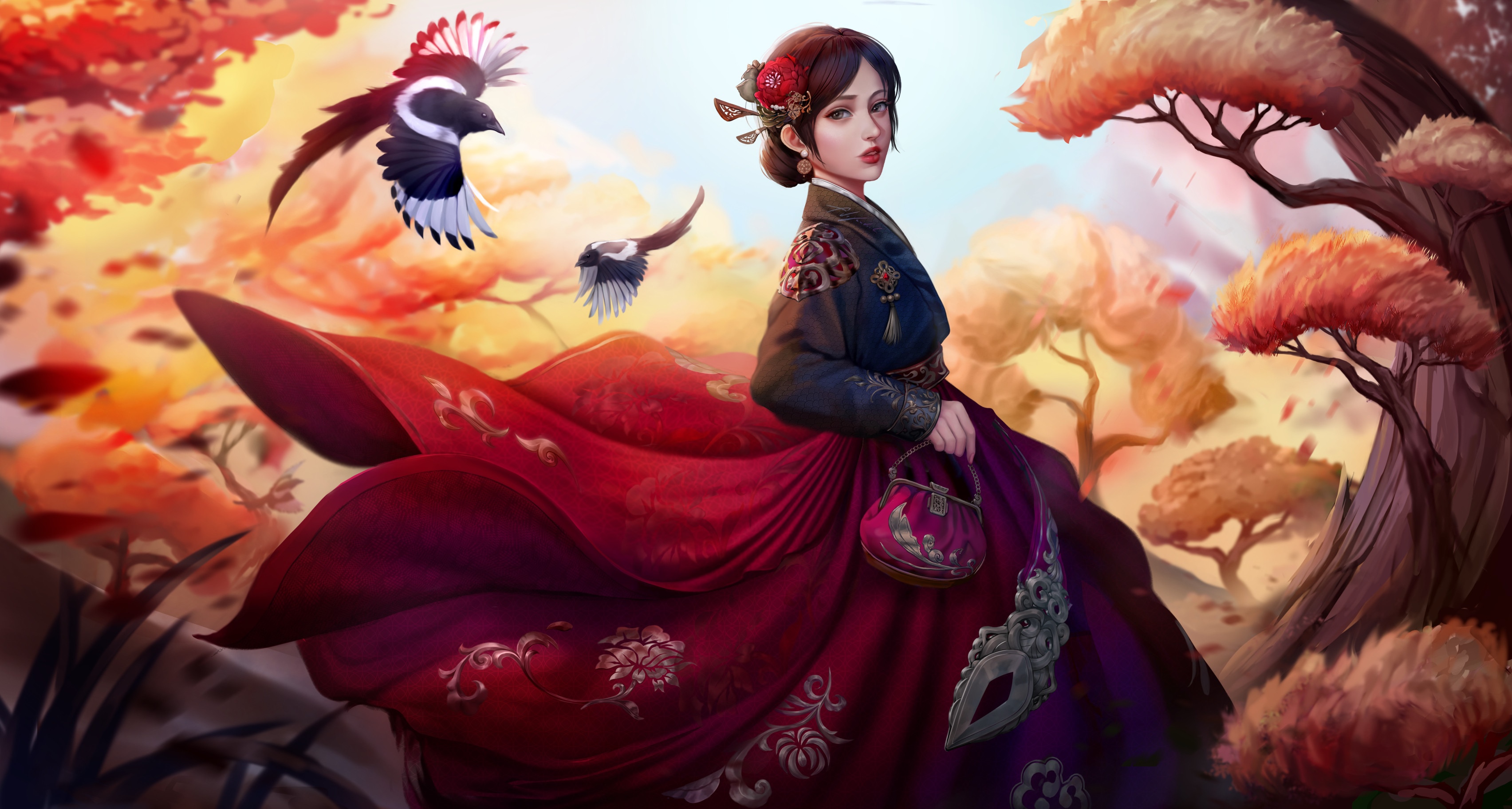 Fantasy girl in Korean hanbok with birds and trees HD Wallpaper