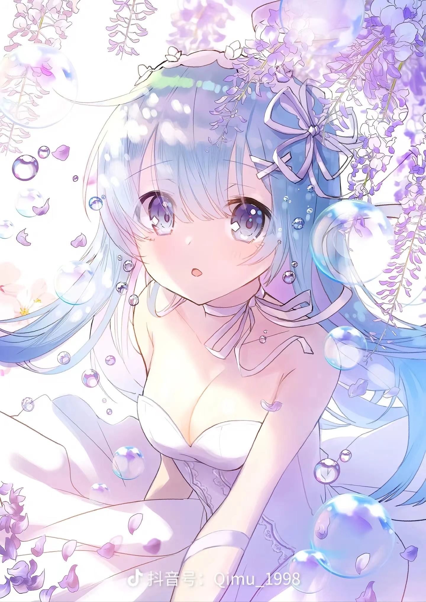 Rem in a Wedding Dress with Wisteria and Bubbles HD Phone Wallpaper