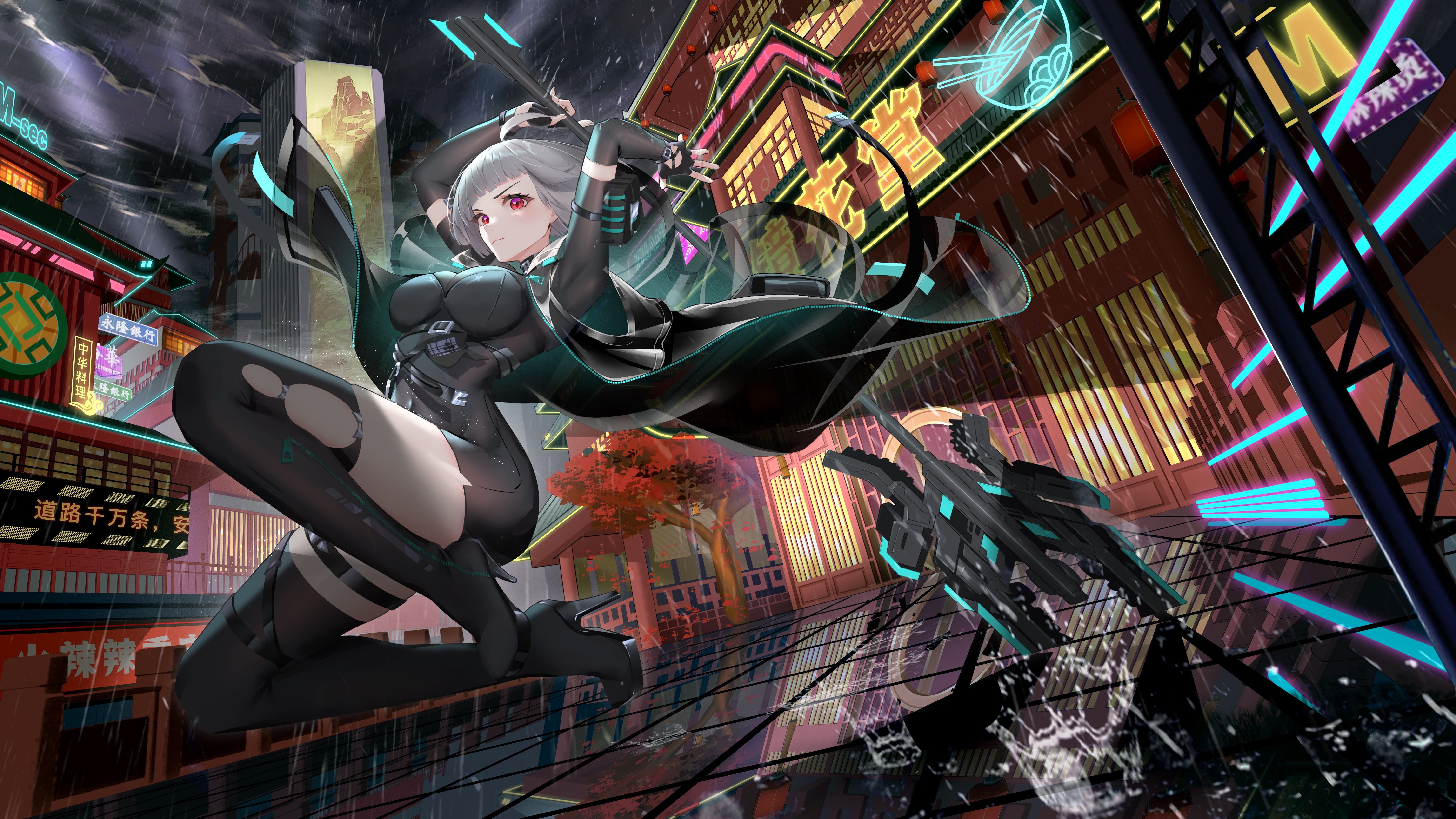 Girl with silver hair and weapon in rainy Chinese city HD Wallpaper