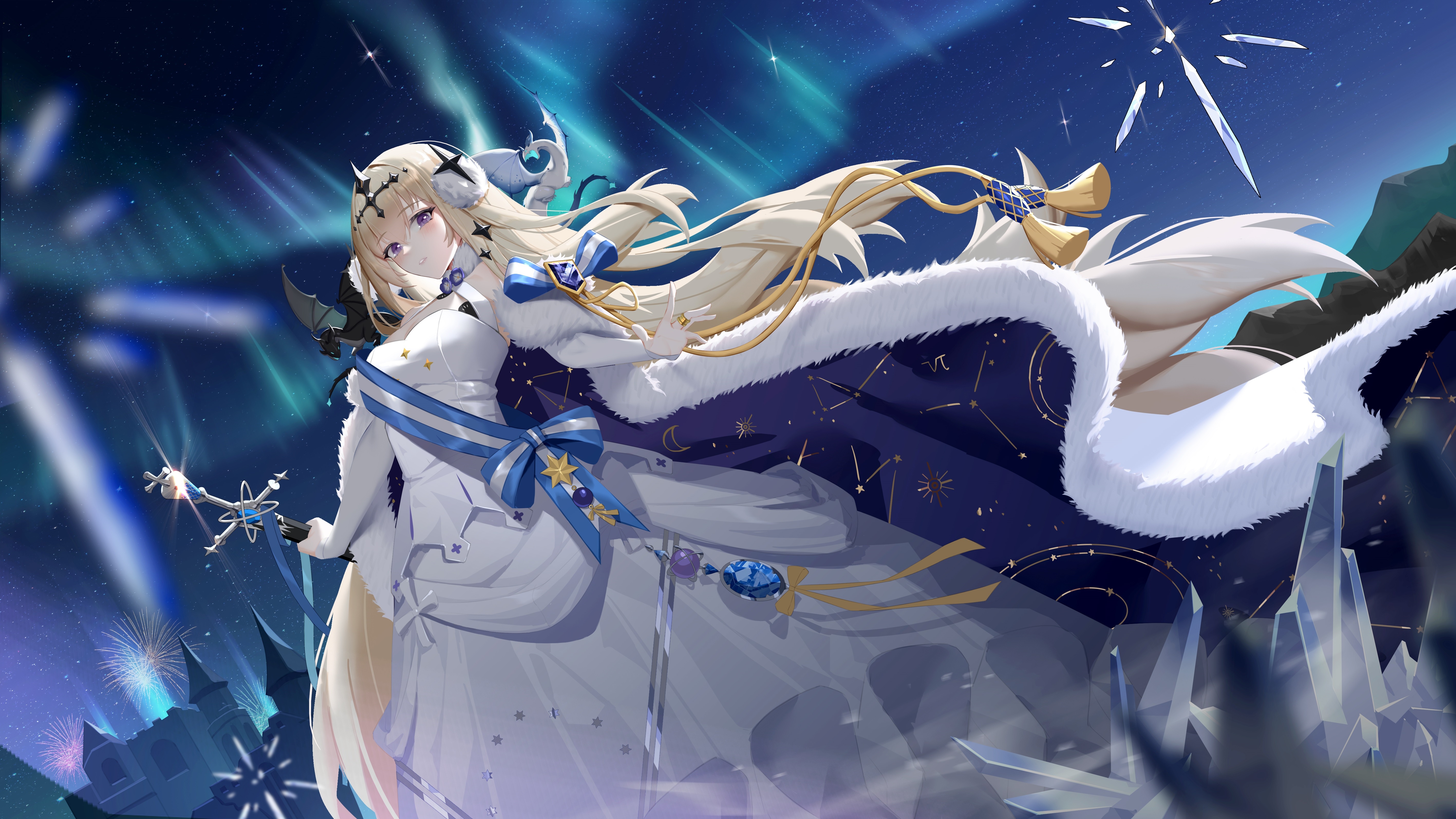 4K Aurorae with Blonde Woman and Fireworks HD Wallpaper