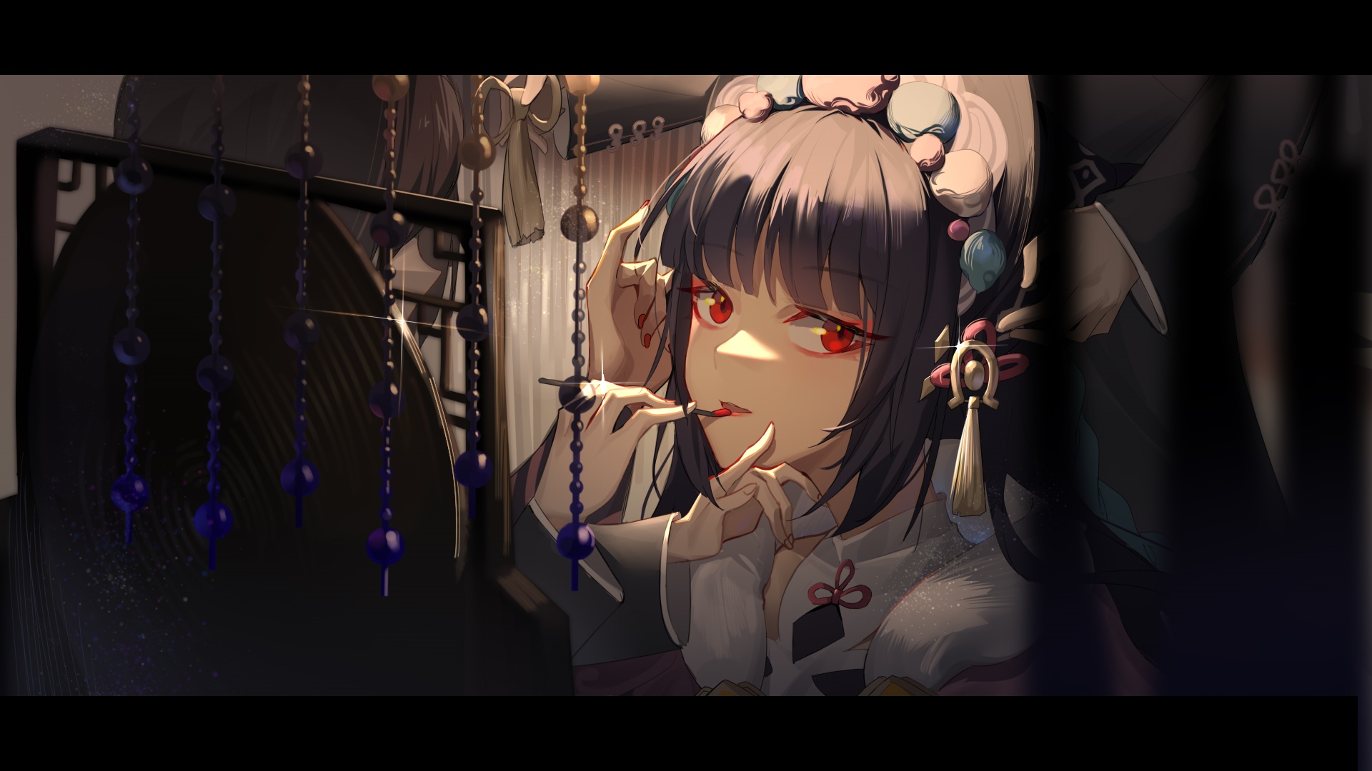 Yun Jin applying makeup with red eyes HD Wallpaper