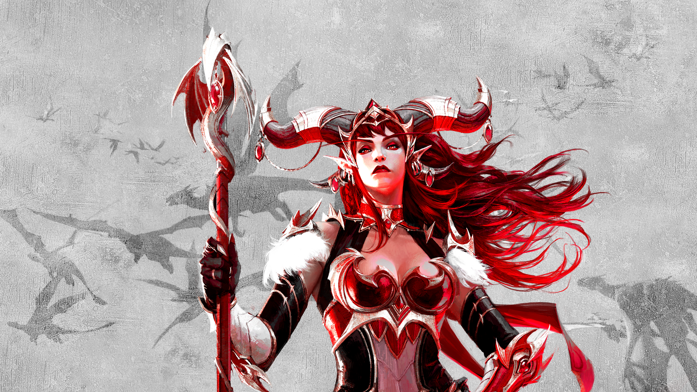Alexstrasza from World of Warcraft with horns and staff HD Wallpaper