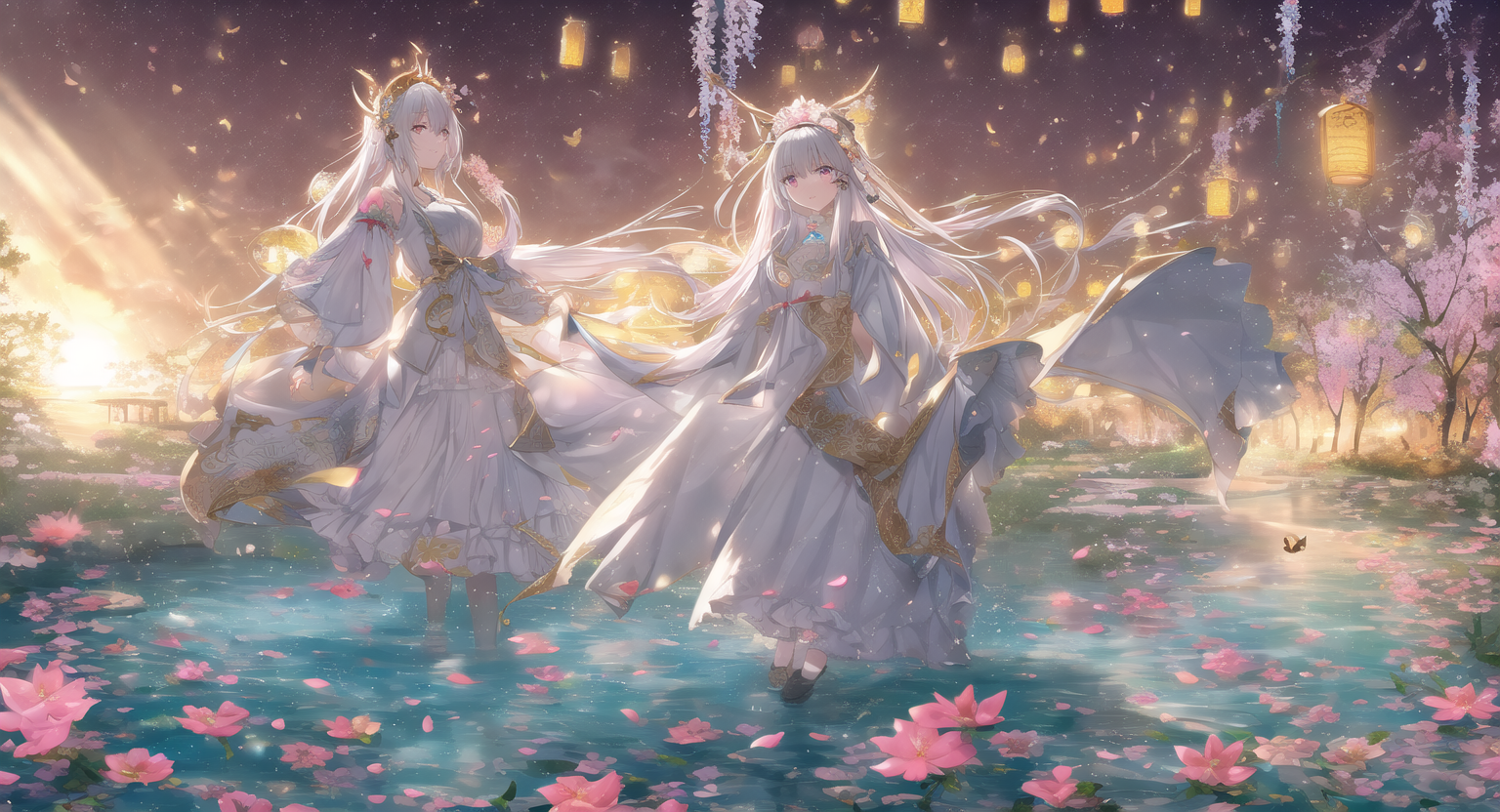 Two anime girls in Chinese dresses in a lotus pond HD Wallpaper