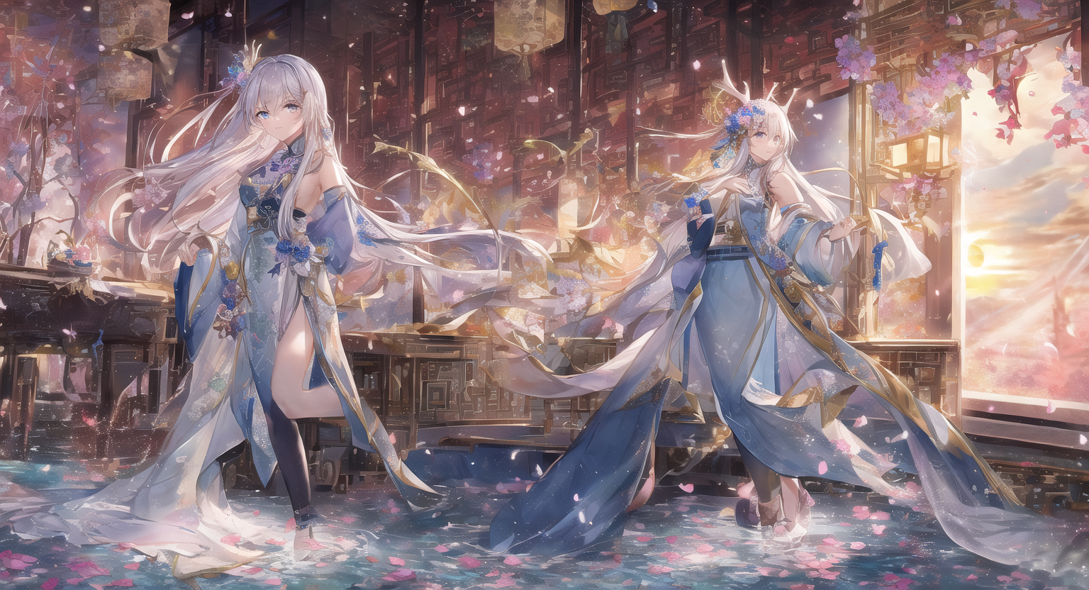 Two anime girls in Chinese dresses with petals falling HD Wallpaper