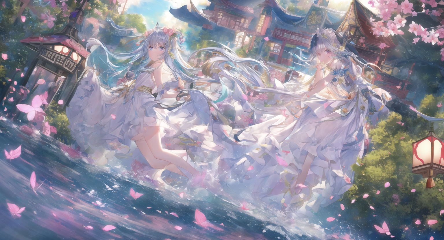 Anime girls in white dresses by fantasy architecture HD Wallpaper
