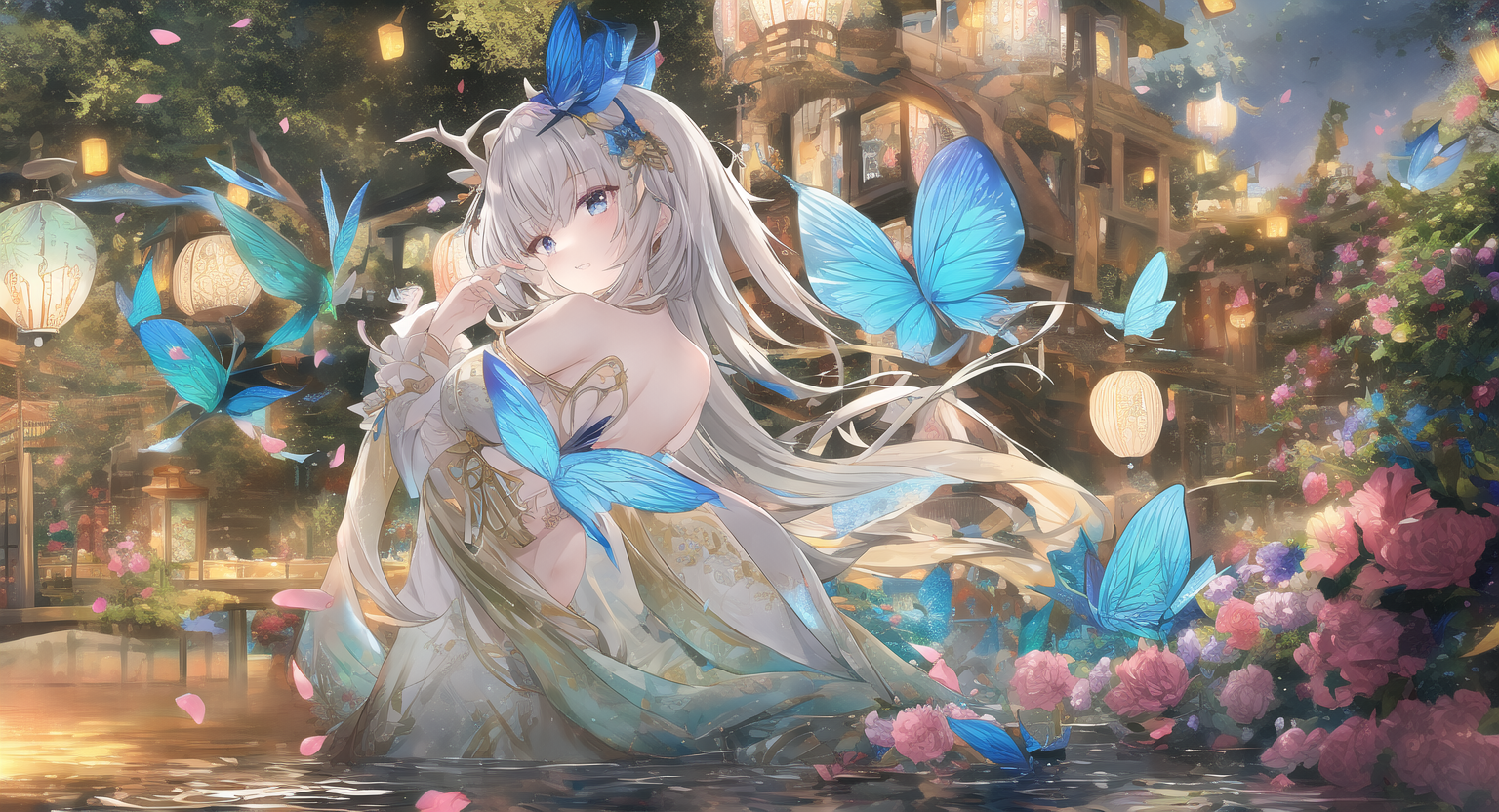 Girl with butterflies in fantasy Chinese architecture HD Wallpaper