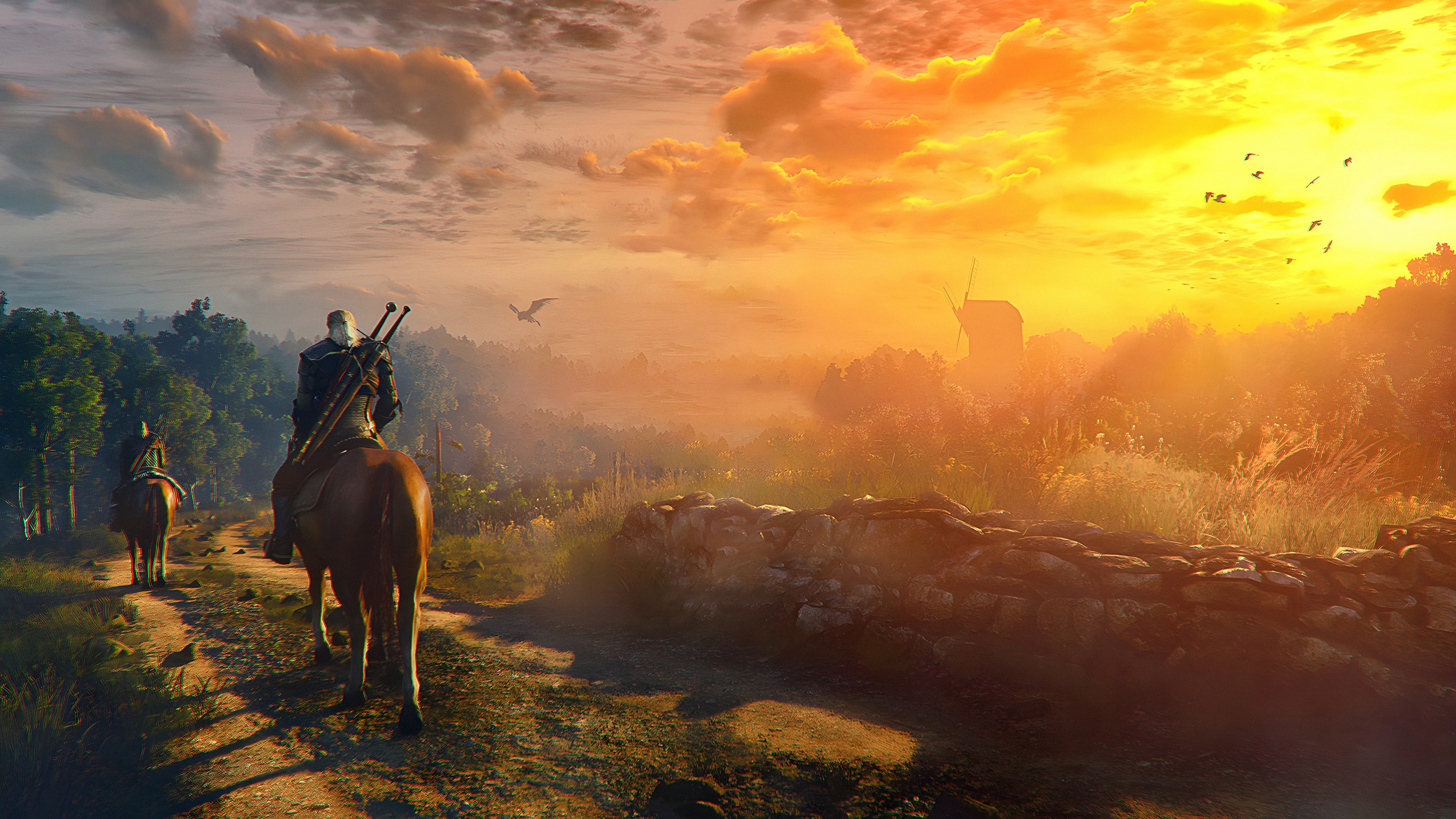 Geralt of Rivia riding a horse at sunset in Velen HD Wallpaper