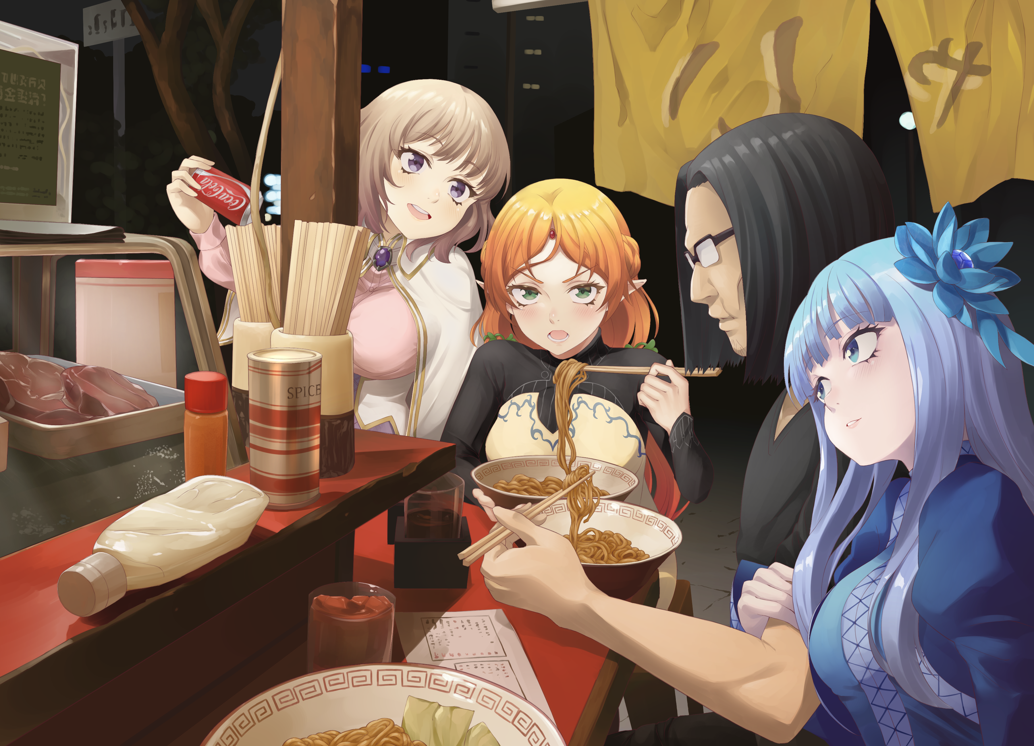 Isekai Ojisan characters eating at a food stall HD Wallpaper