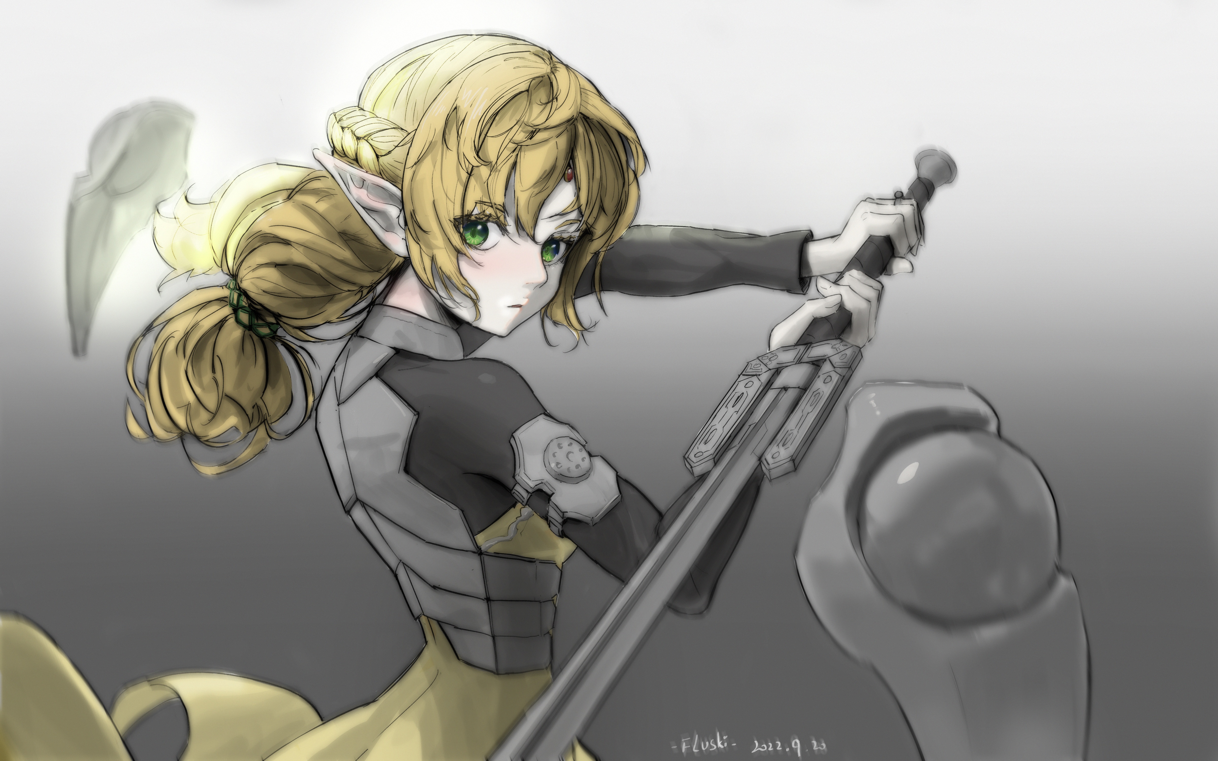 4K Elf with Blonde Hair and Green Eyes Holding a Sword HD Wallpaper