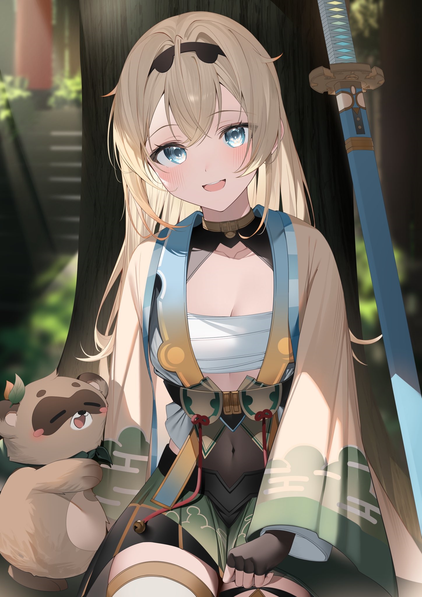 Anime girl with blonde hair and blue eyes holding a tanuki HD Phone Wallpaper