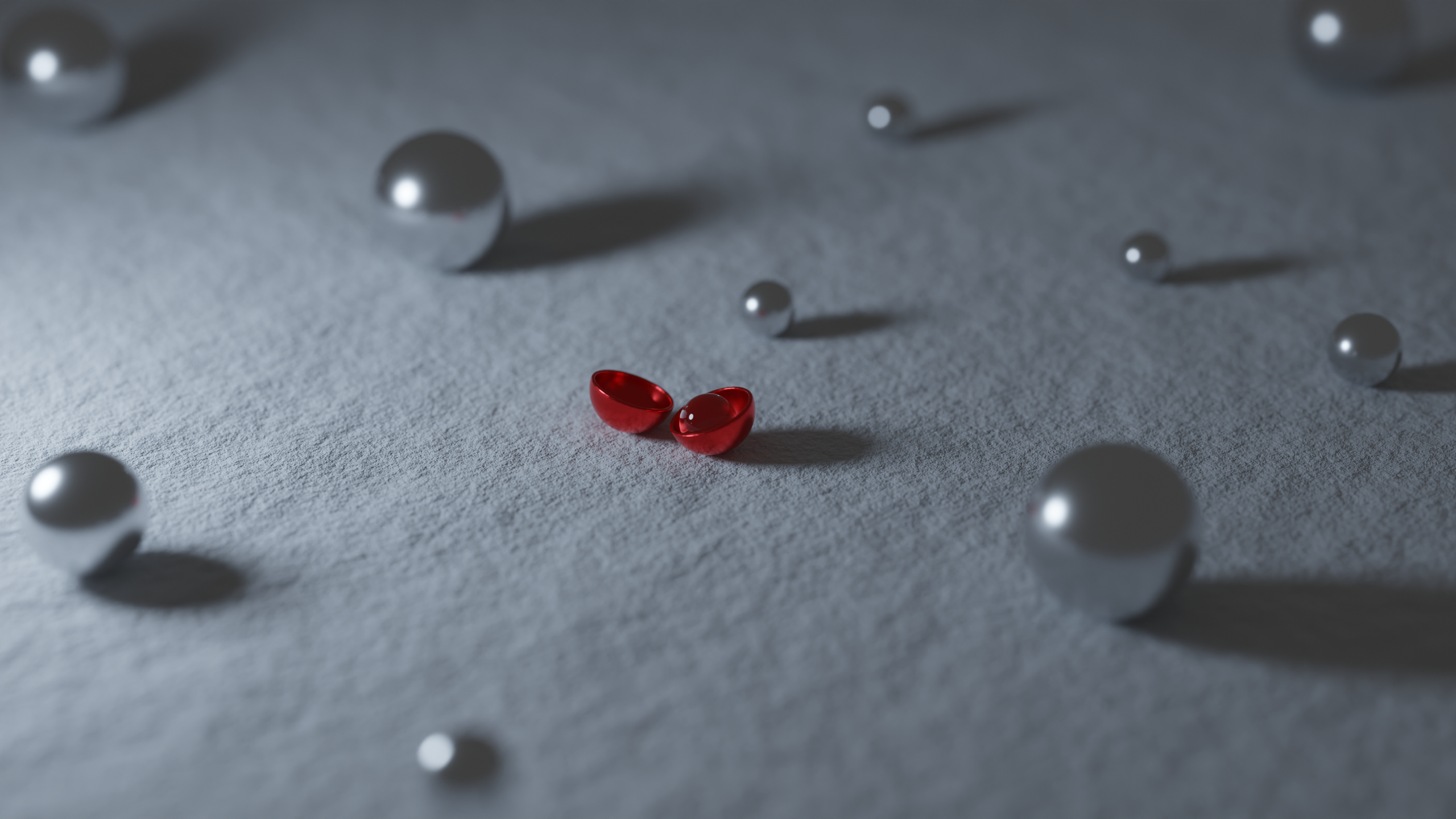 Red and silver spheres on a textured surface HD Wallpaper