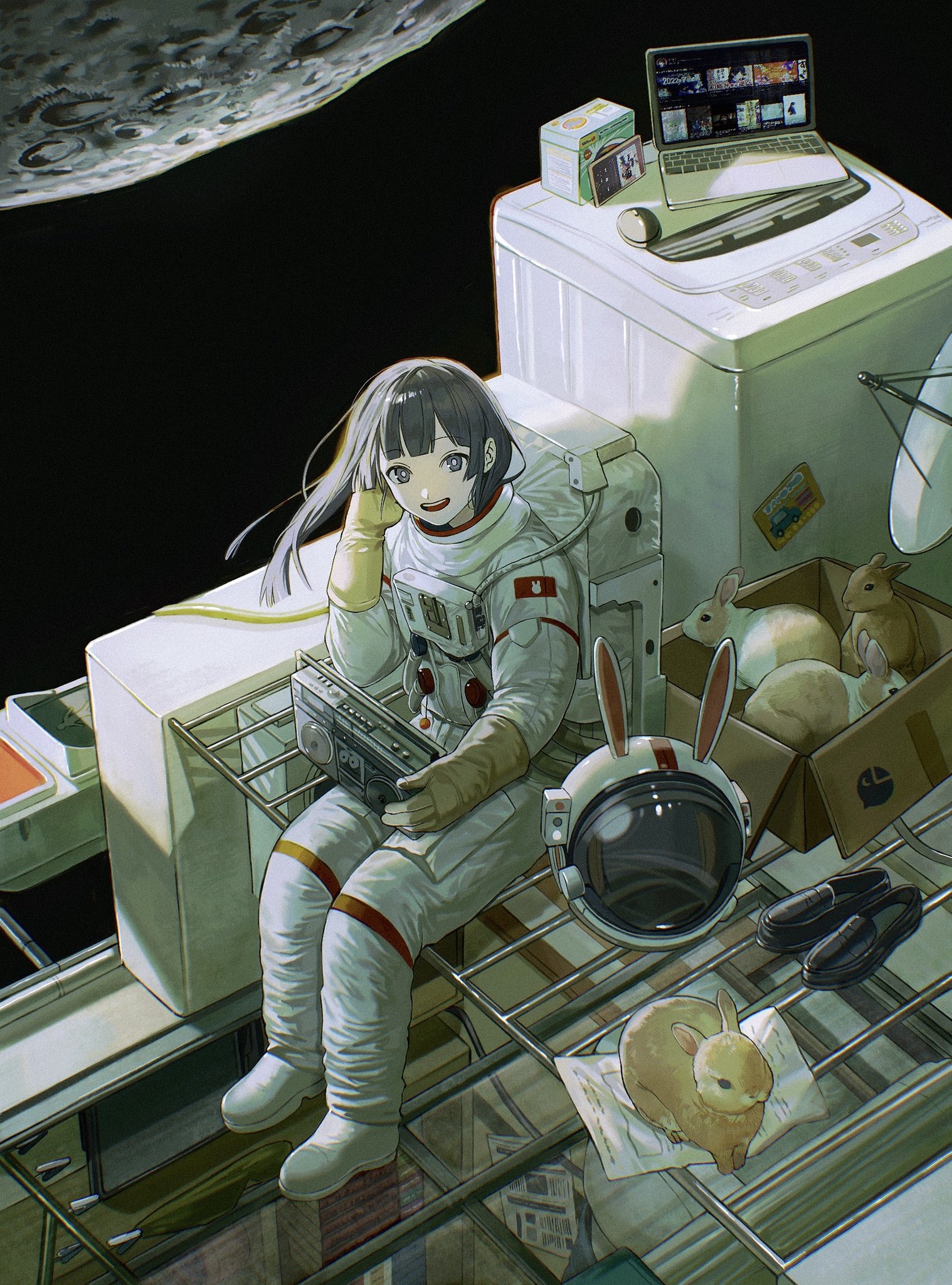 Tsukino Mito in a Spacesuit with Rabbits and a Laptop HD Phone Wallpaper