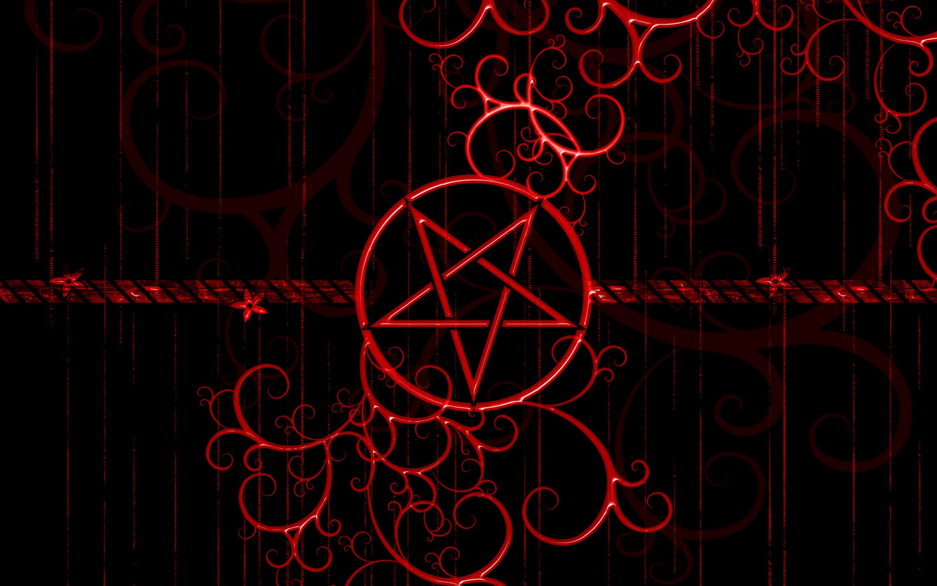 Red pentagram with swirling patterns on black background HD Wallpaper