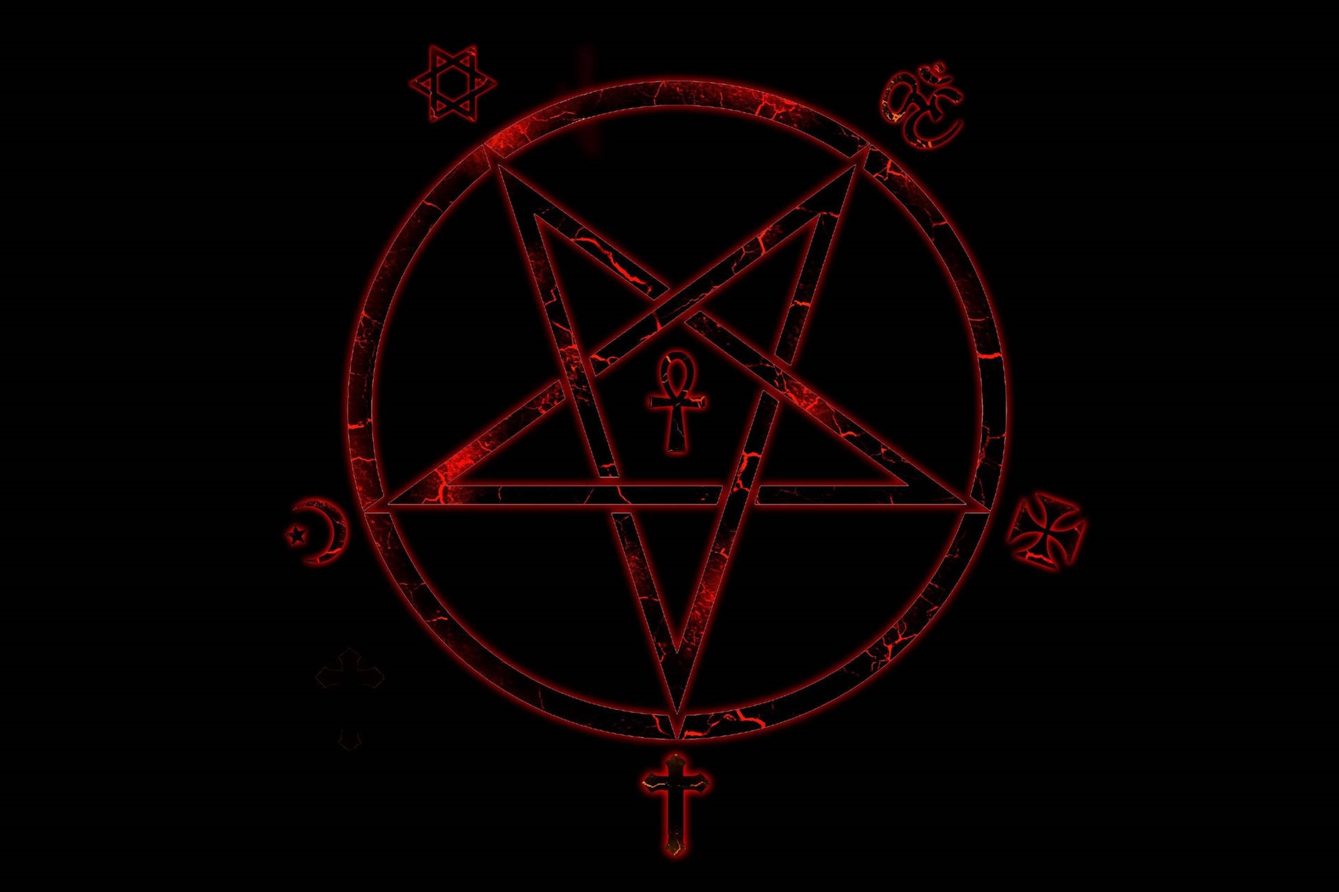 Red pentagram with occult symbols on black background HD Wallpaper