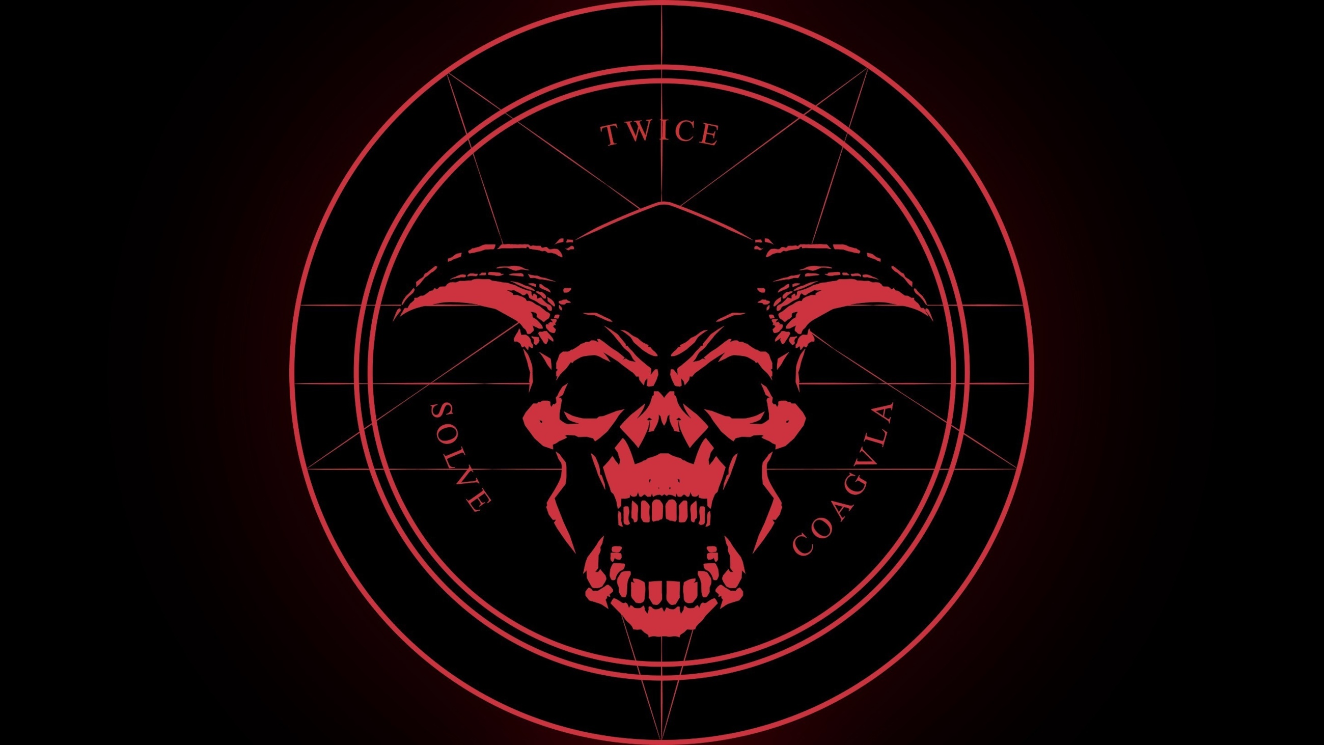 Red demon skull with horns and text HD Wallpaper