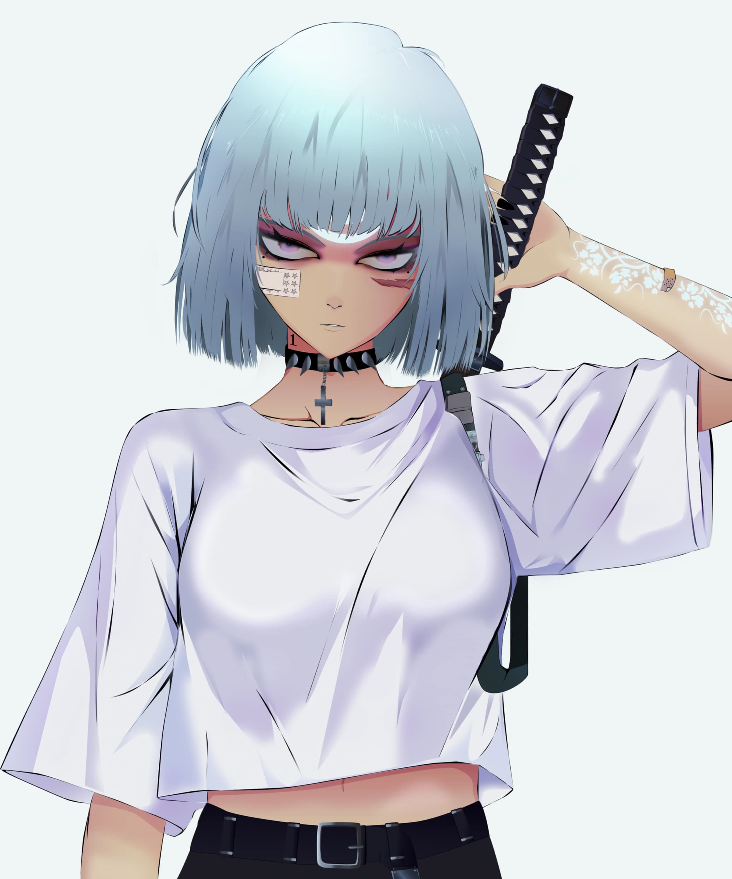 Woman warrior with blue hair and sword HD Phone Wallpaper
