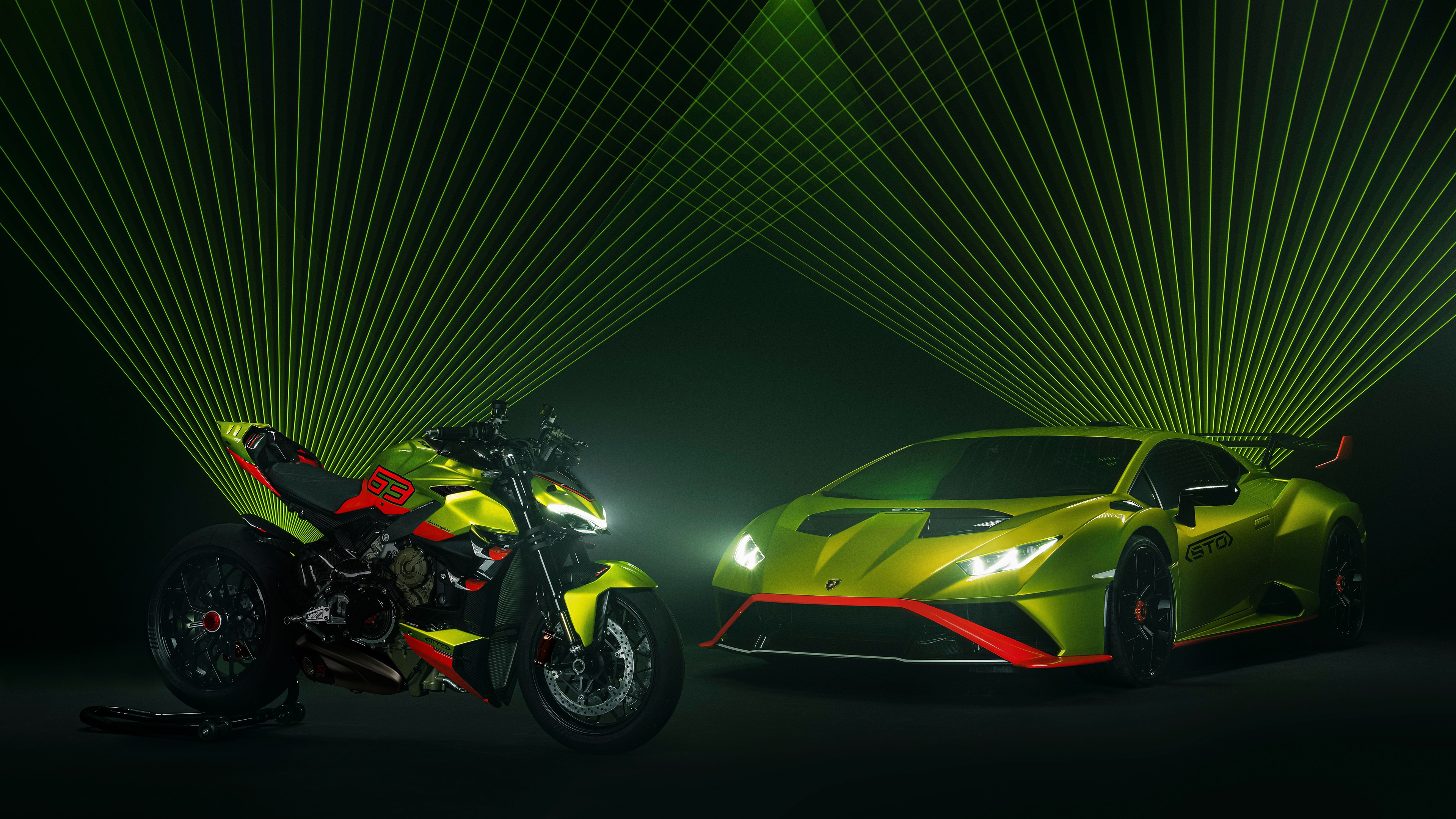 4K Ducati Streetfighter V4 and Lamborghini Supercar HD Wallpaper