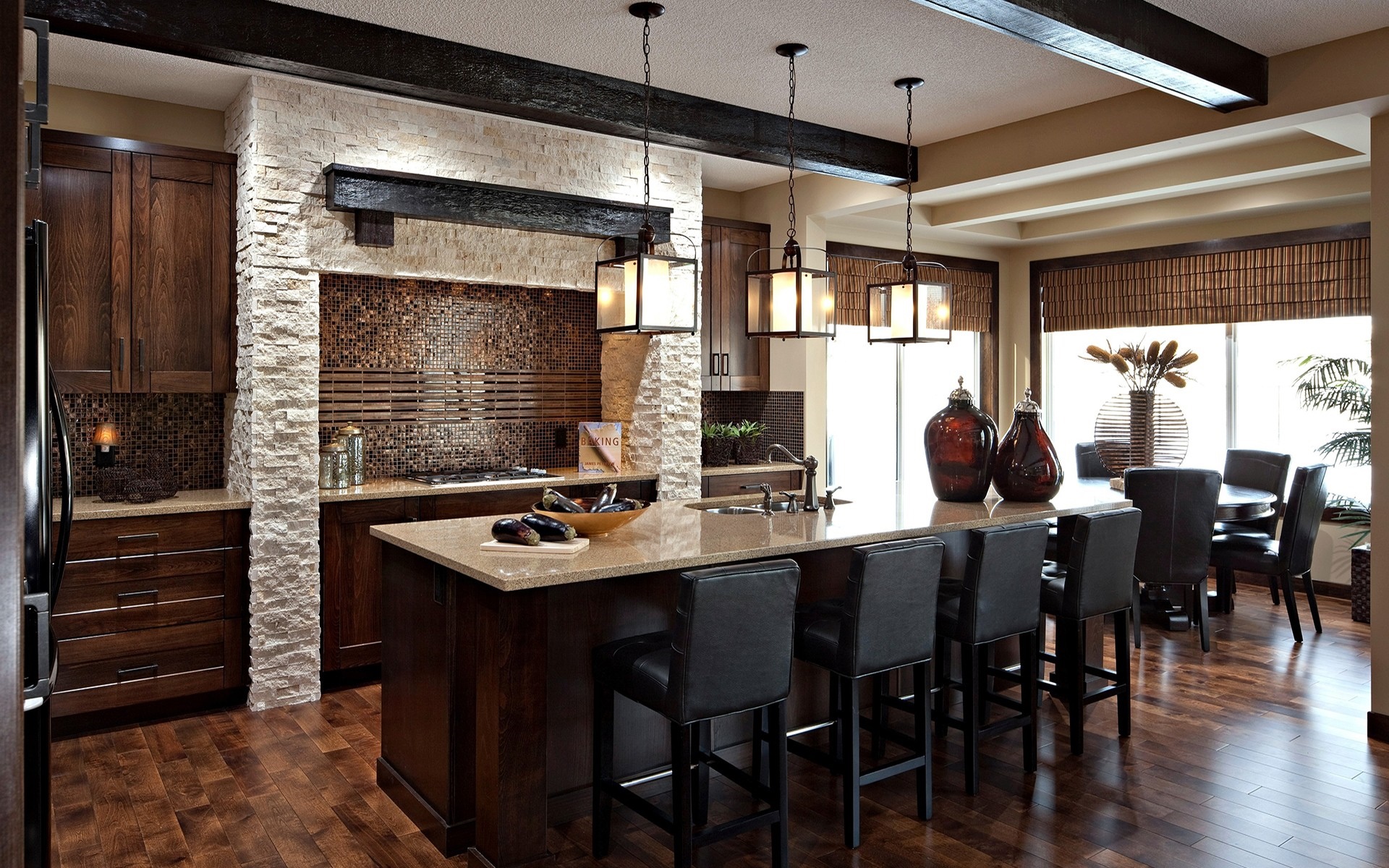 Modern kitchen with island and dining area HD Wallpaper