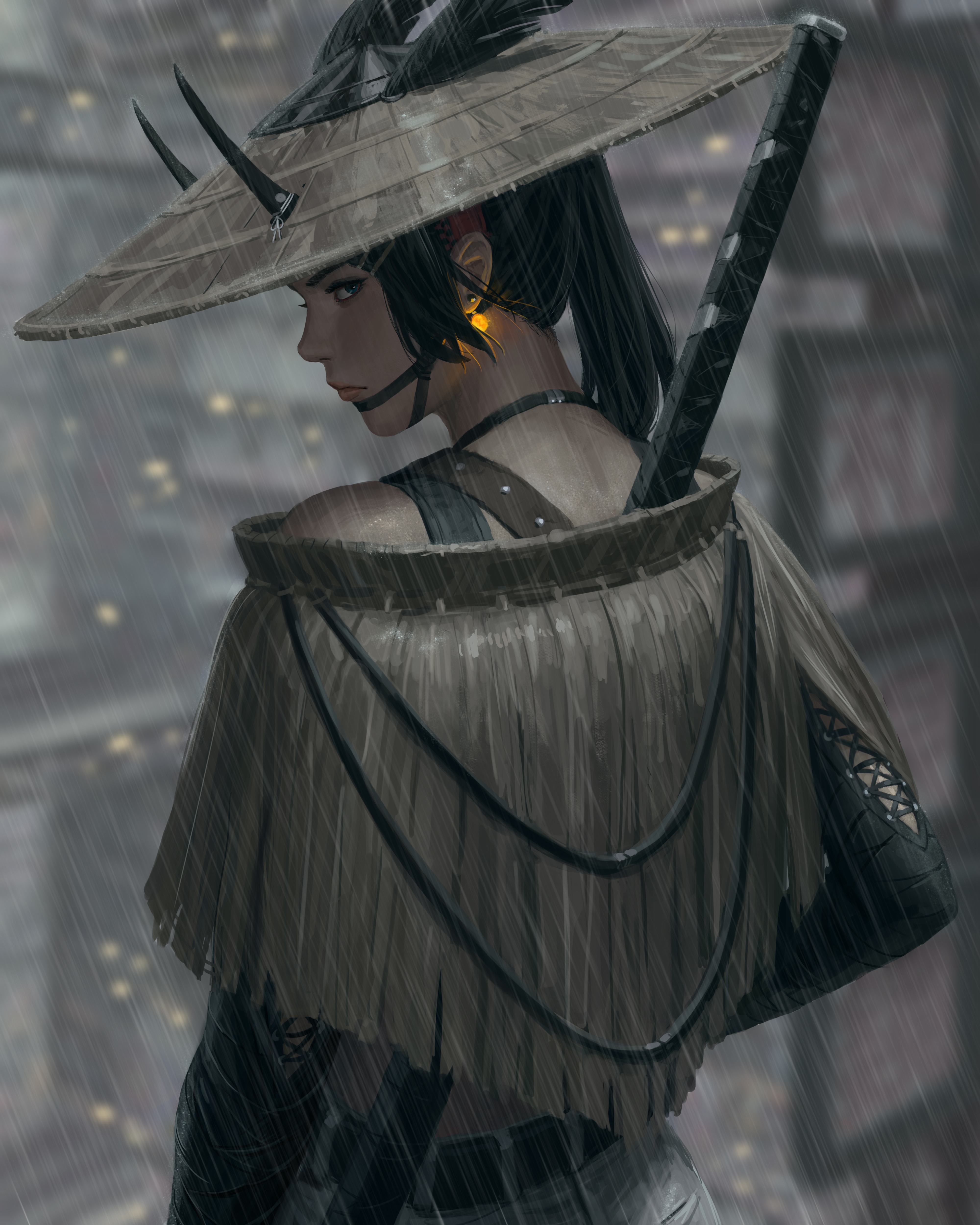 Fantasy girl with horns and katana in the rain HD Phone Wallpaper