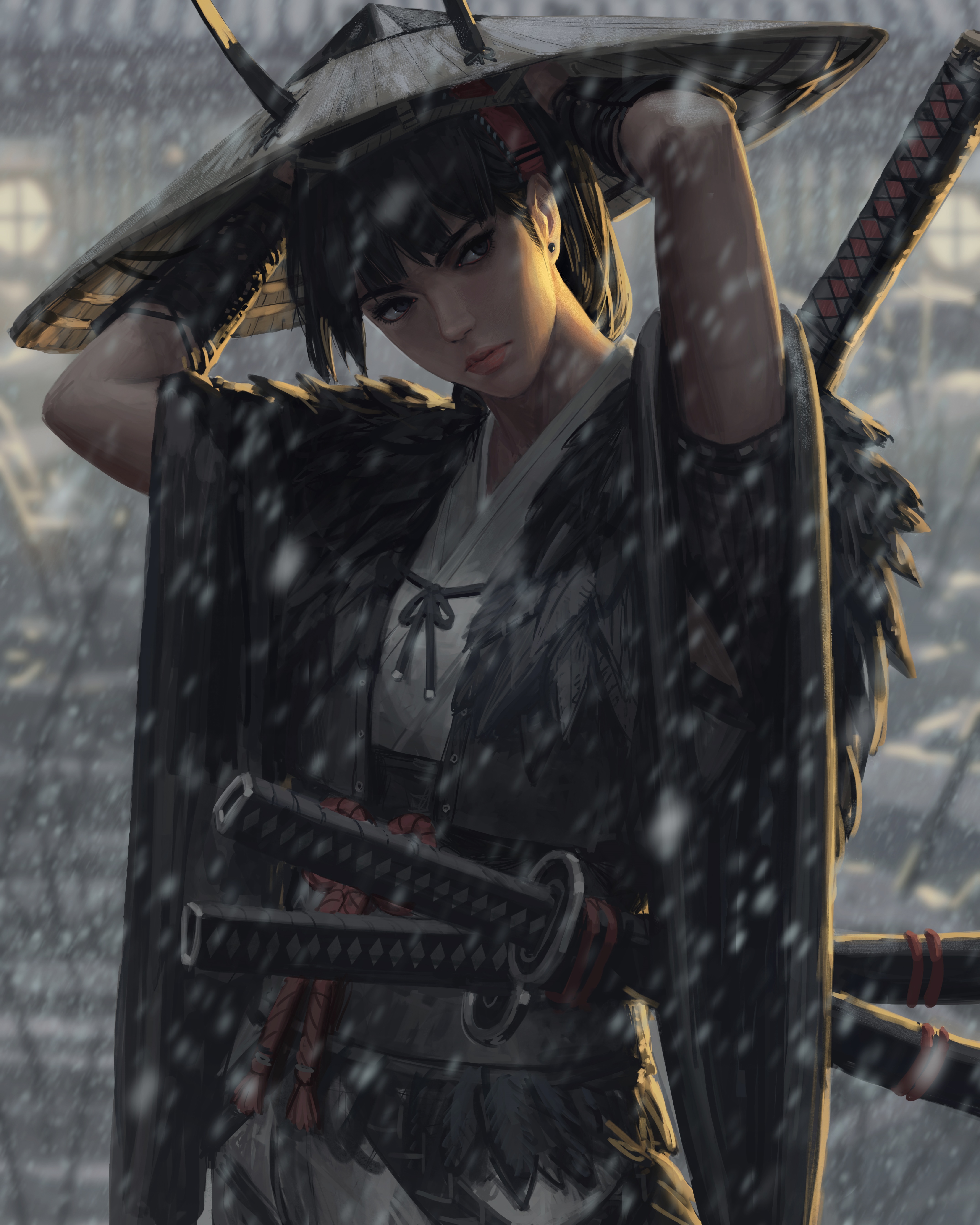 Samurai woman in snow with katanas HD Phone Wallpaper