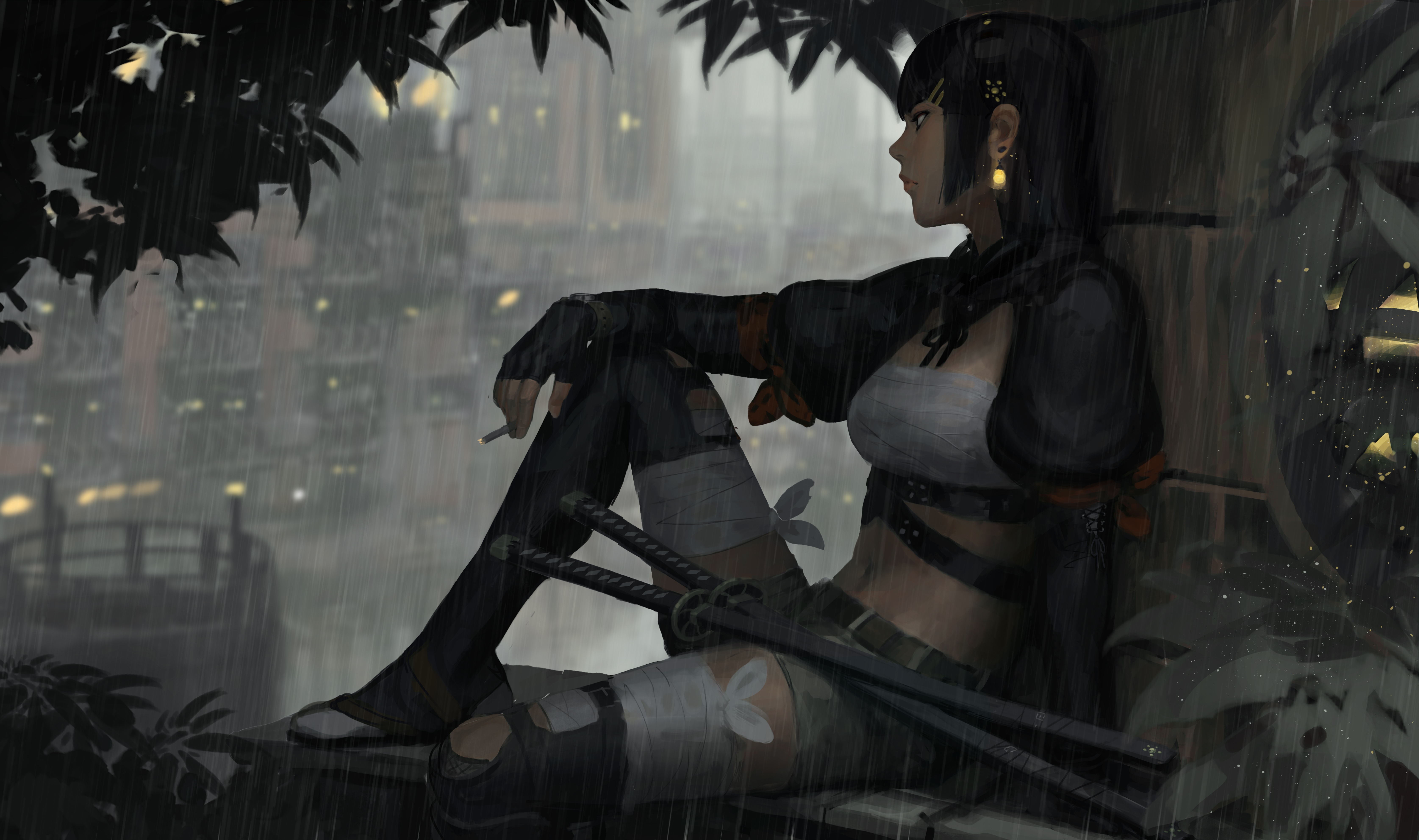 4K Concept Art of a Woman Smoking in the Rain HD Wallpaper
