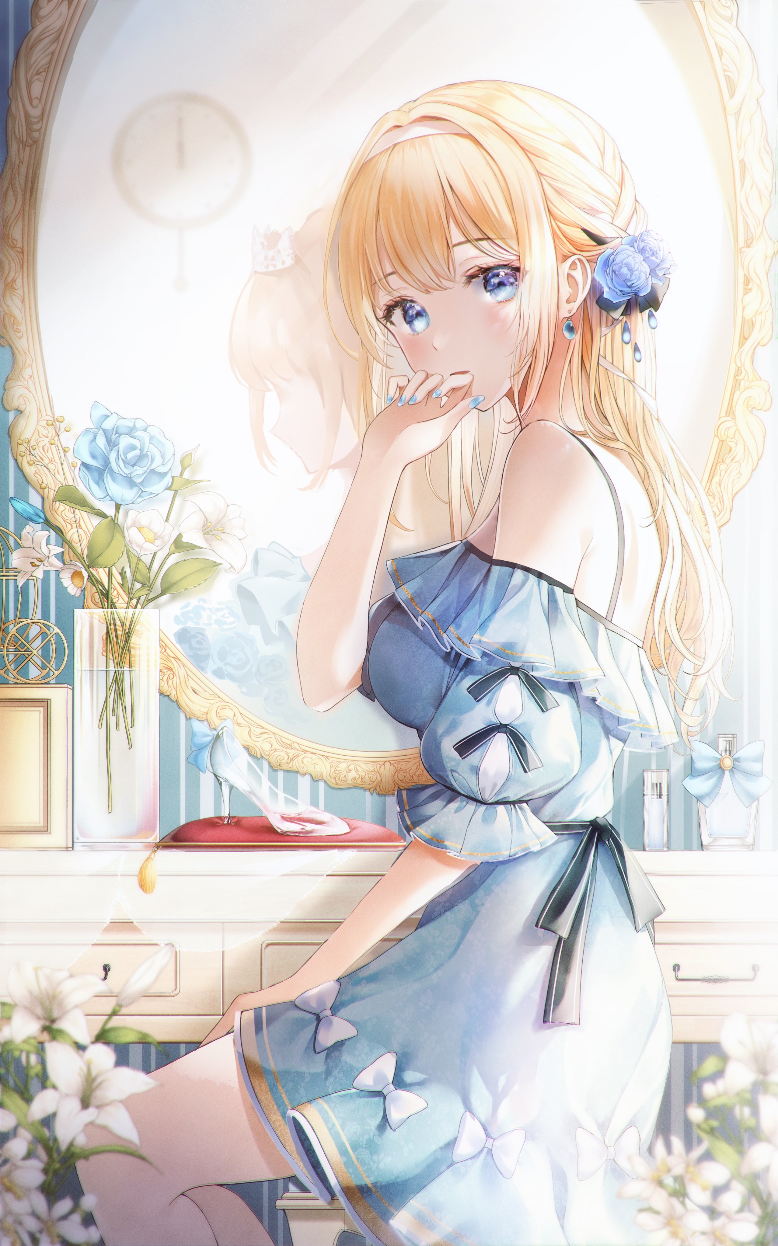 Anime girl with blonde hair and blue eyes in a blue dress HD Phone Wallpaper