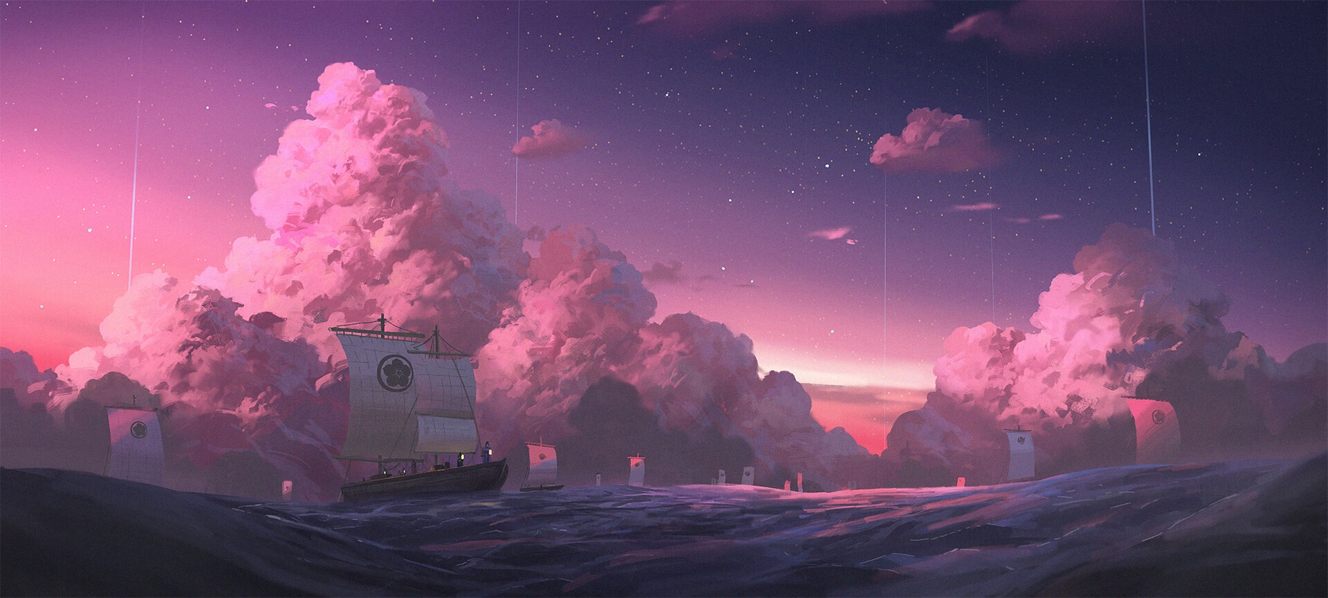 Sailing ships under a starry pink sky with clouds HD Wallpaper