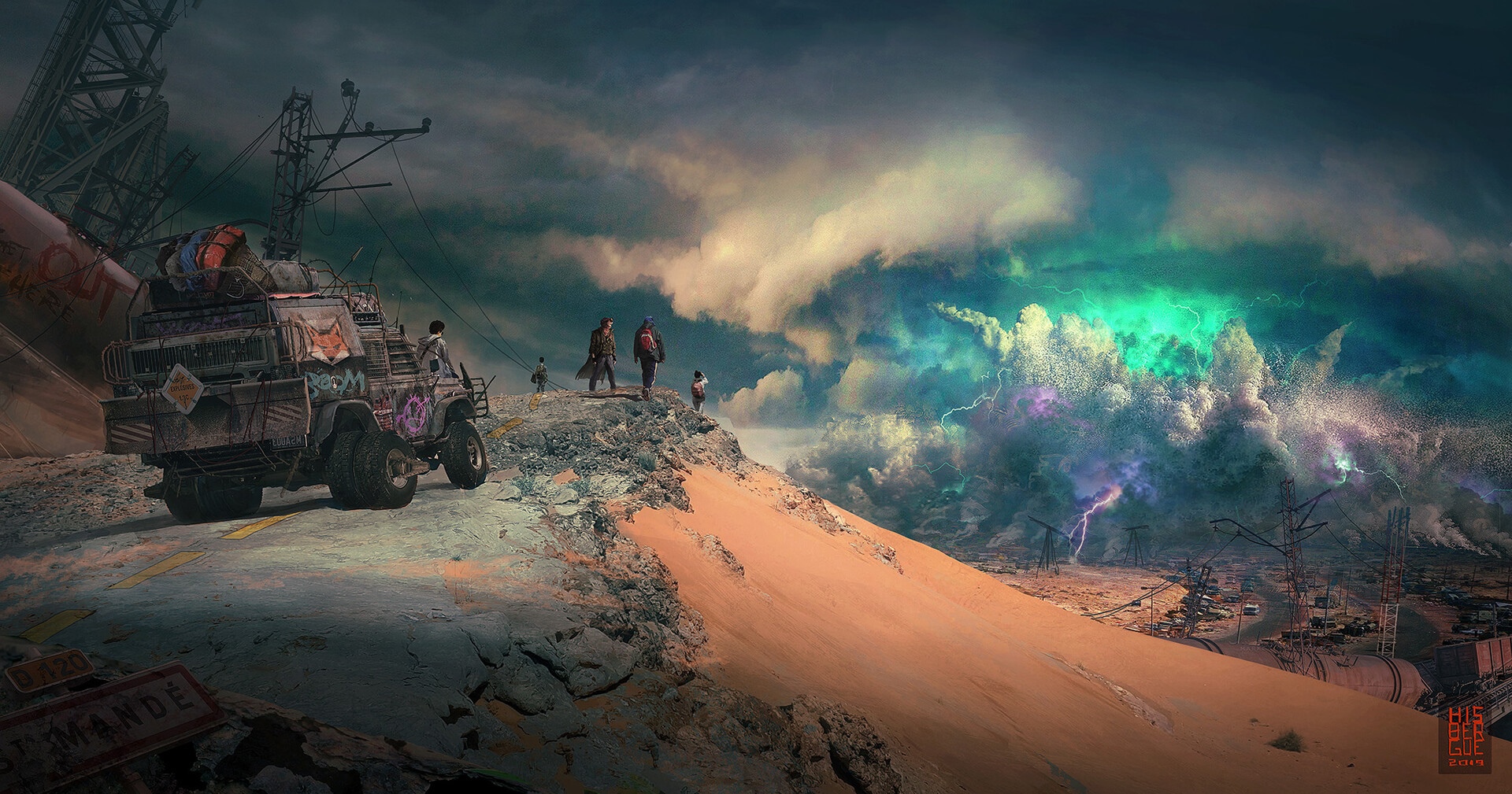 Post-apocalyptic survivors observe a violent storm HD Wallpaper